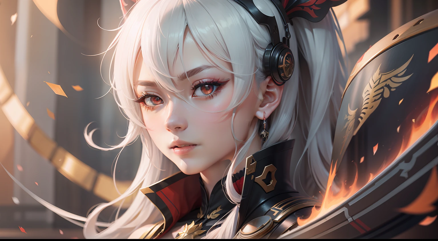 Highest image quality,Outstanding details,超高分辨率,(Fidelity:1.4), Favor the details, He has a delicate and beautiful face, Close-up of a woman standing on a platform with a sword, A scene from the《Honkai 3rd 》videogame, 《Honkai 3rd 》styled, 《Honkai 3rd 》The role of the Thunder Lawyer set, Tachi, Red Japanese oni armor, Two floating robotic arms on the back hold the Japanese taiko, Virtual Engine 5,Perfect detail rendering,rendering by octane,hyper HD