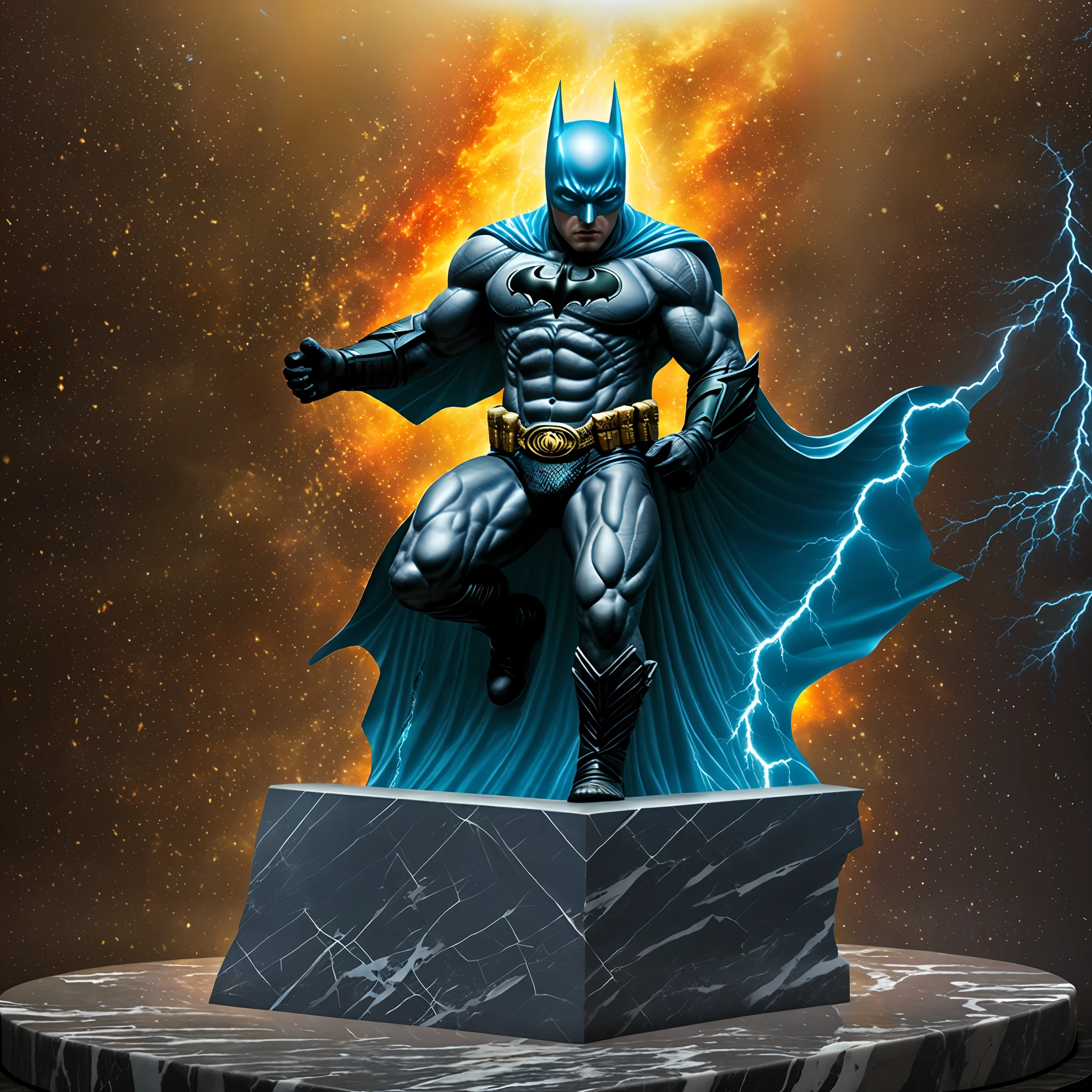 mdjrny-shttr, broken statue of batman made of (marble:1.1) with golden inlays with (blue lightnings:1.3) on background, floating stones from statue, hyper-realism, best quality hyper-realism, best quality