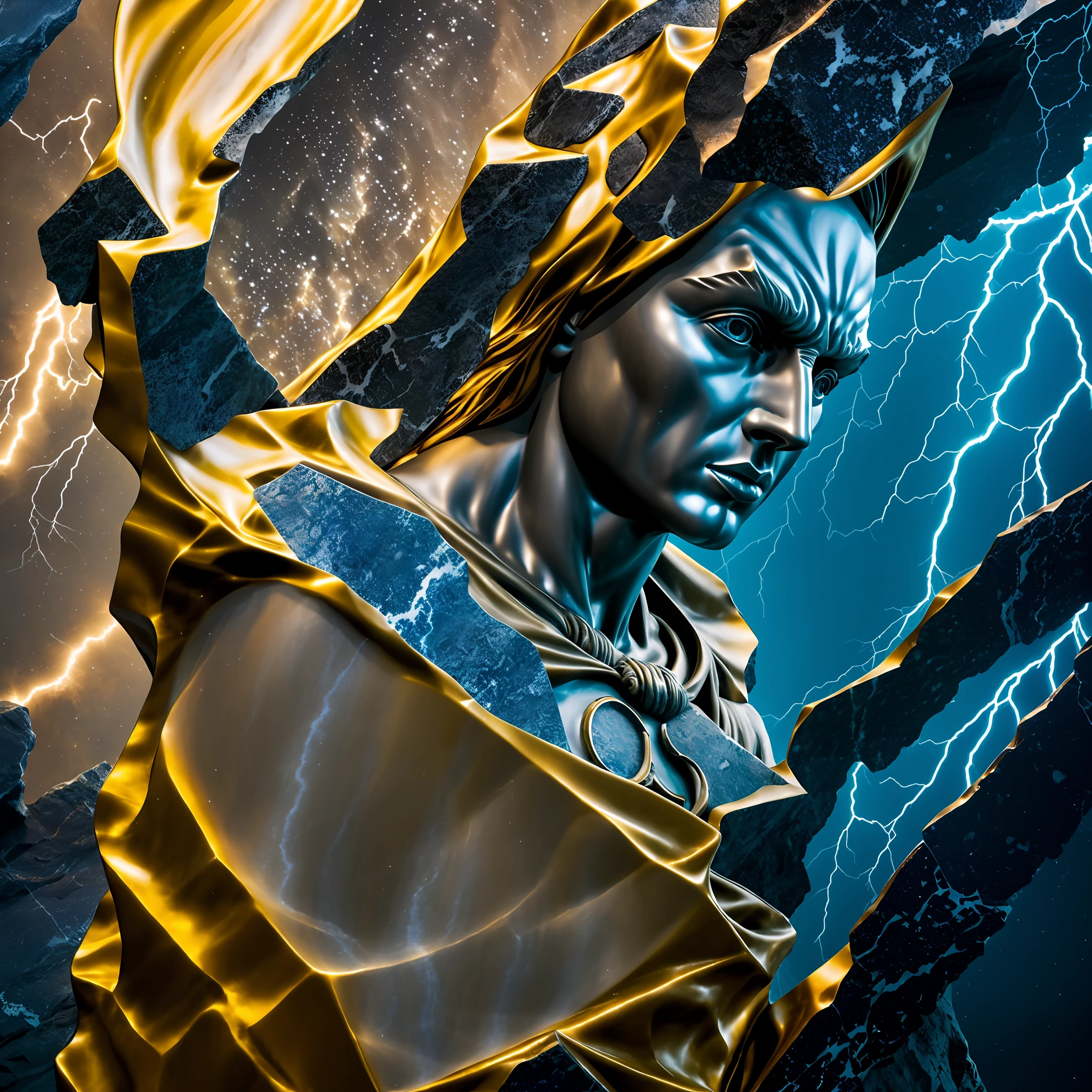 mdjrny-shttr, broken statue of batman made of (marble:1.1) with golden inlays with (blue lightnings:1.3) on background, floating stones from statue, hyper-realism, best quality hyper-realism, best quality