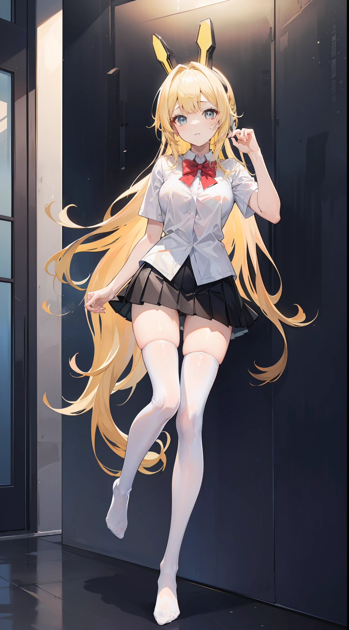 Masterpiece（（tmasterpiece）），（white short blouse），（（black micro skirt）），（（White transparent stockings）），（No shoes on），adolable，Raised sexy，is shy，（Long yellow）Hair，red bowtie，（head gear），long leges，head gear