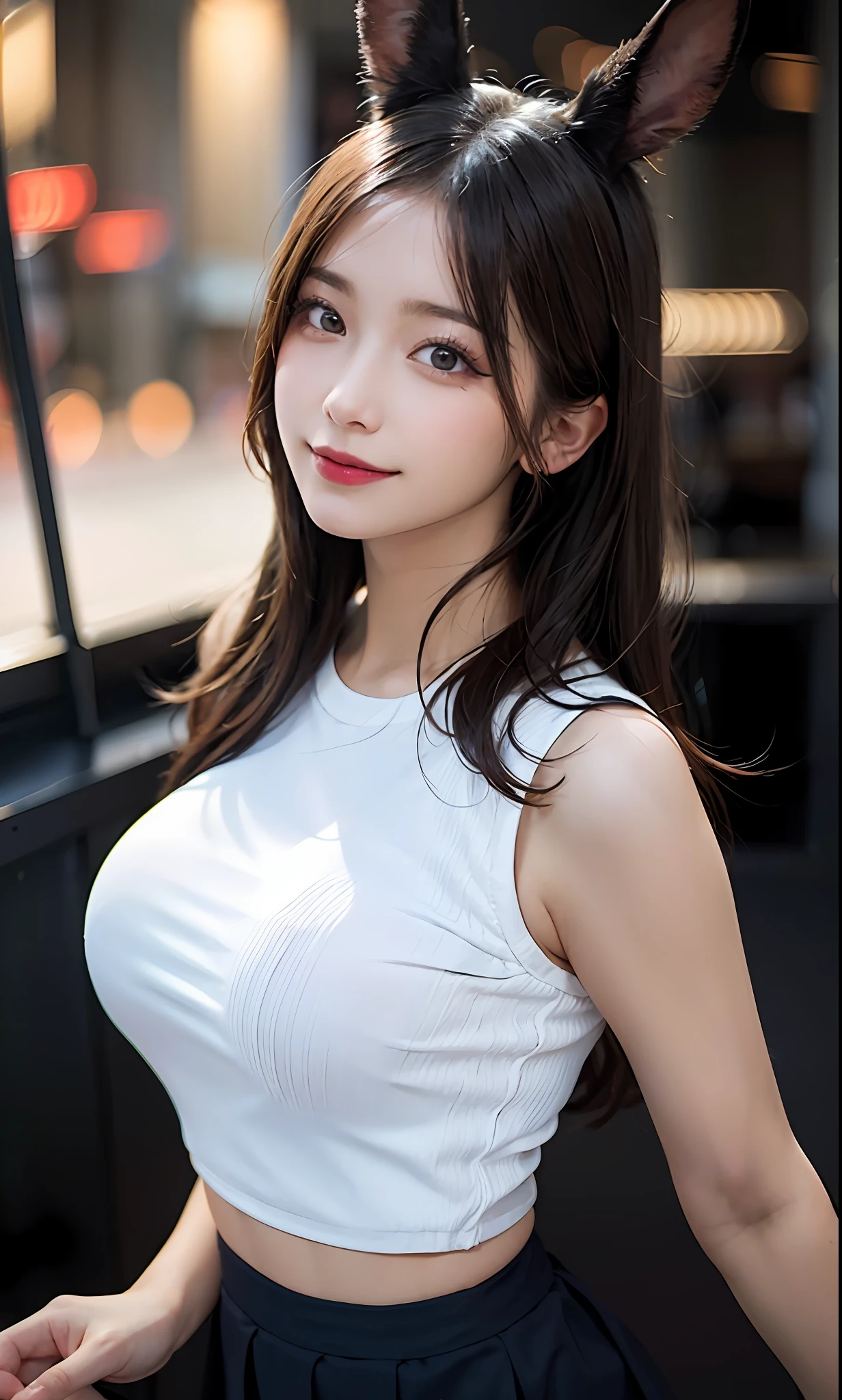 (RAW photo: 1.2), top quality, beautiful detailed girl, bunny girl, smile, panties, panty shot, highly detailed eyes and face, beautiful detailed eyes, huge file size, high resolution, high resolution, 8k wallpaper, fine detail, highly detailed ticker uniform 8k wallpaper, light on face, movie lighting, 16 year old girl, pleated skirt, sexy pose, ( Photorealism: 1.4), illustration, surrealism, from below, super detail, masterpiece