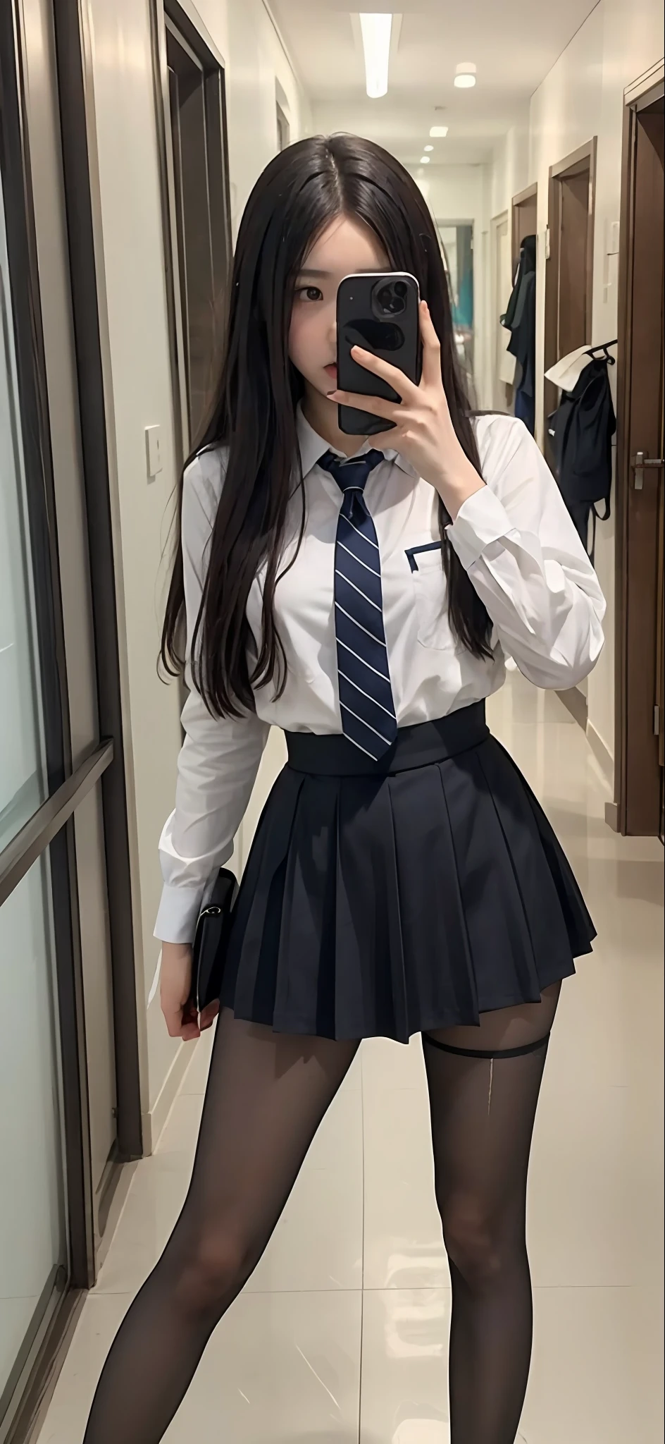 There is a woman taking a picture of herself in her school uniform, 8K分辨率，Ultra-clear pixels，Surrealism female students, Surrealism female students, cute female student, Realistic schoolgirl, wearing dresses, dressed as schoolgirl, of a schoolgirl posing, female student, wearing skirt and high socks, in school uniform, Wearing a skirt, in school uniform, wearing a Japanese school uniform，Wearing black and white stockings pantyhose，