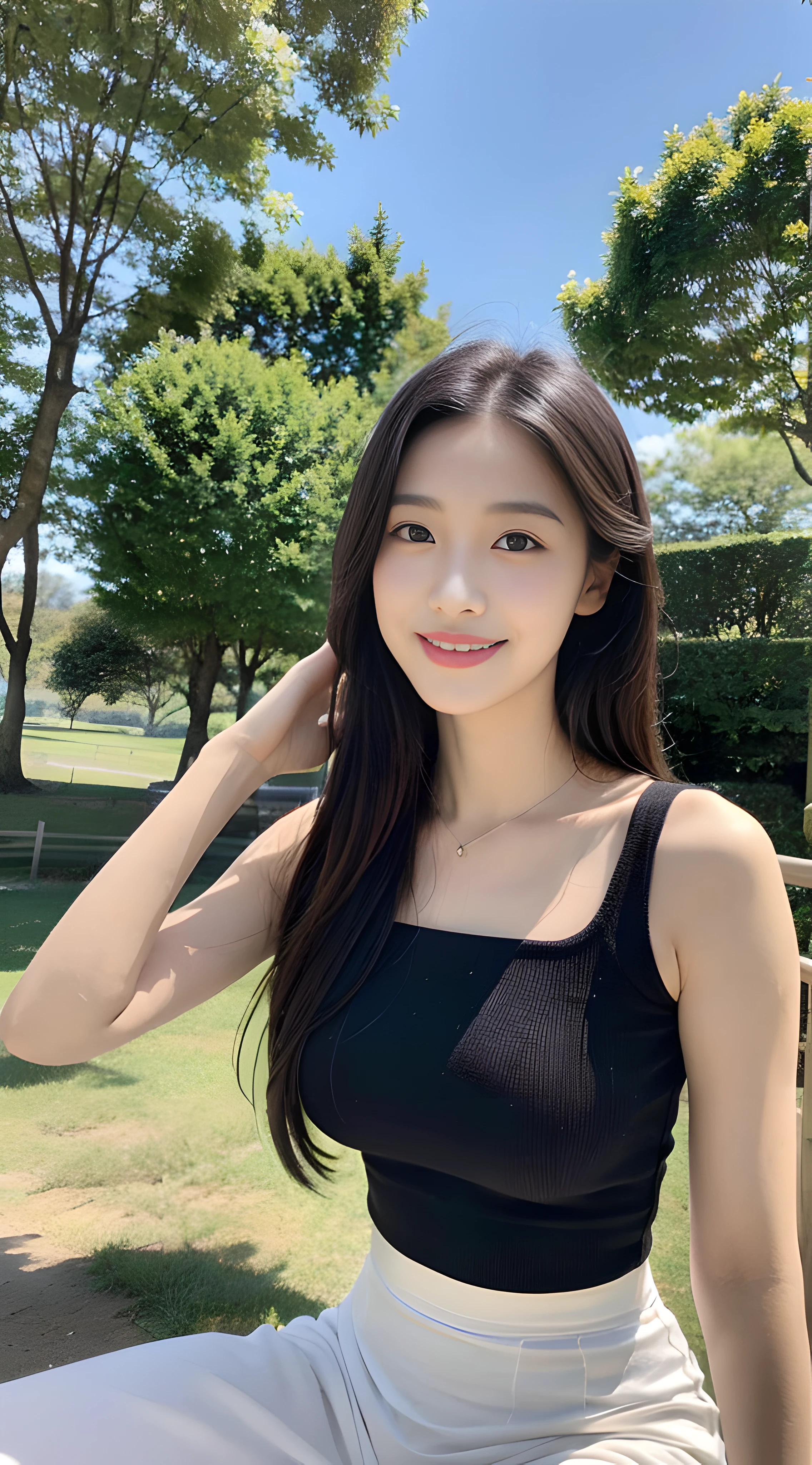 (1 Nice and cute girl), fully body photo,Extremely beautiful and delicate,Black color hair,A sweet smile,Delicate and beautiful fair skin,Realistic and realistic,(exquisite and complete facial features,Detailed depiction of the face),tall nose bridge,Smooth hair,extremely detail hair,Feminine temperament,,Fill your face light,Thin,Realiy,Hyper-realism,Forward tilt angle,Extreme picture quality,Highest precision,Precise and perfect human anatomy。with blue sky and white clouds,rays of sunshine,cattle and sheep,(White chiffon skirt)Panties are clearly visible,Idyllic landscape,Highlight portrait。(Telephoto lens),(wide wide shot)。 (Faraway view)