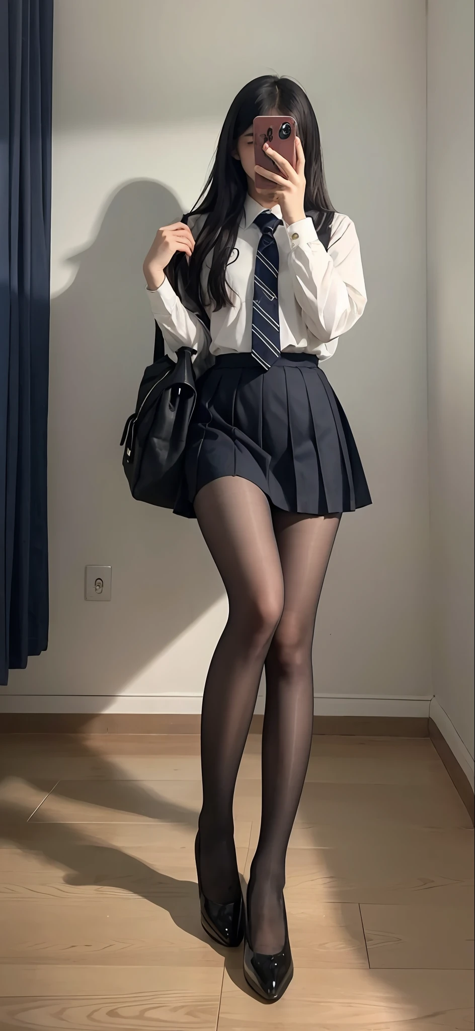 There is a woman taking a picture of herself in her school uniform, 8K分辨率,Ultra-clear pixels,Surrealism female students, Surrealism female students, cute female student, Realistic schoolgirl, wearing dresses, dressed as schoolgirl, of a schoolgirl posing, female student, wearing skirt and high socks, in school uniform, Wearing a skirt, in school uniform, wearing a Japanese school uniform,Wearing black and white stockings pantyhose,