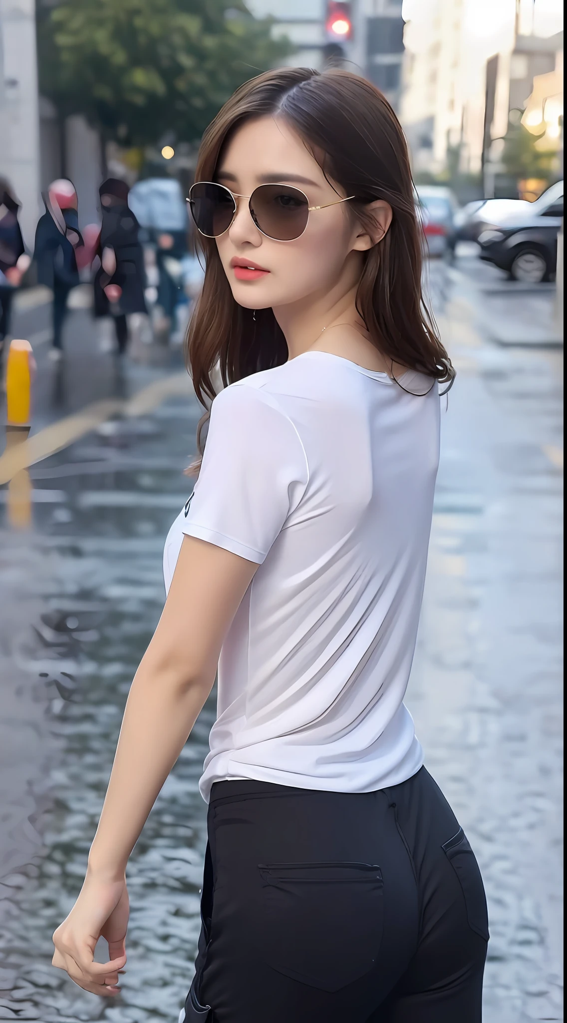 ((best qualtiy, 8K, tmasterpiece:1.3)), Focus:1.2, perfect figure beautiful woman:1.4, Cocked buttocks:1.2, ((Cut hair in layers, Small bra A cups，No chest leakage）, (wetclothes:1.1) , (rain, street:1.3), Bandeau dress:1.1, Highly detailed facial and skin texture, A detailed eye, 二重まぶた，Whiten skin，long whitr hair，Casual T-shirt，cargo pants，wears dark glasses