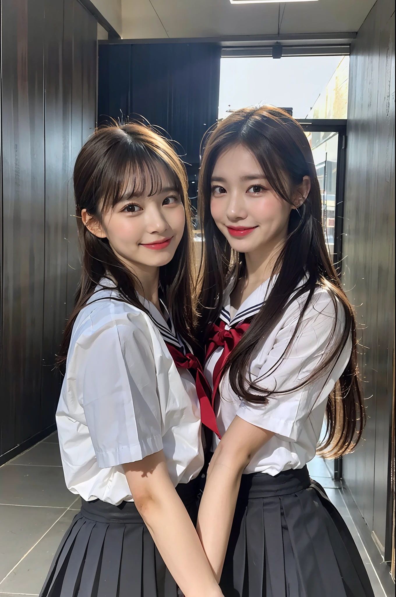 (8K、Raw photography、top-quality、masterpiece:1.2)、ultra-detailliert、ultra res、(hyper reality、)ultra-detailliert、ultra res、(realisitic、Real Photographics:1.47)、(Hugging each other)Leaning closer、(Fantastic lighting)Hugging、电影灯光、de pele branca、Fair-skinned female proofreading、An ultra-high picture quality、Stylish lighting、Beautiful female proofreading reflecting in light、amazing detailed、Beautiful girls in very detailed、Faces with different patterns、Different face patterns、Each hairstyle has its own characteristics、Farbe々Hairstyle、Farbe々Hair color、Circle of Angels、Having a conversation in a classroom at school、Brown hair shining in the light、One has a ponytail、、Modern cute high school girl、very detailed faces very detailed eyes、Very realistic skin、 extremely detailed fingers, highly detailed nose, highly detail mouth, perfect anatomia, Highly detailed sailor suit、highly detailed back ground,After school、Smiling school girls are gathered in the hallway of the school。They are hugging each other in uniform、Light from bright windows illuminates the classroom、The details of their hair and uniforms shine through.。, famous Japan idol, cute little, Realistic body, de pele branca, glistning skin, Slim body, Long straight hair, (Blunt bangs:1.2), two young women in school uniforms hugging each other in a hallway, two japanese schoolgirls posing, nixeu and sakimichan, TWICE, Seifuku, sakimichan, JK Uniform, wearing japanese school uniform,