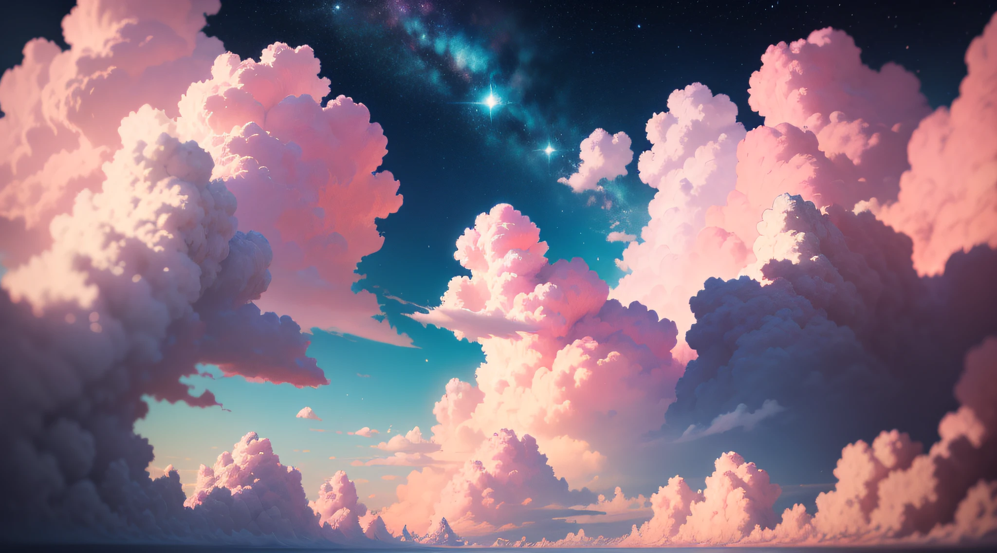 A sky full of pink clouds,diamond,Pedras preciosas,Two-dimensional painting style,Sea of Clouds,As estrelas,heavenly body --auto