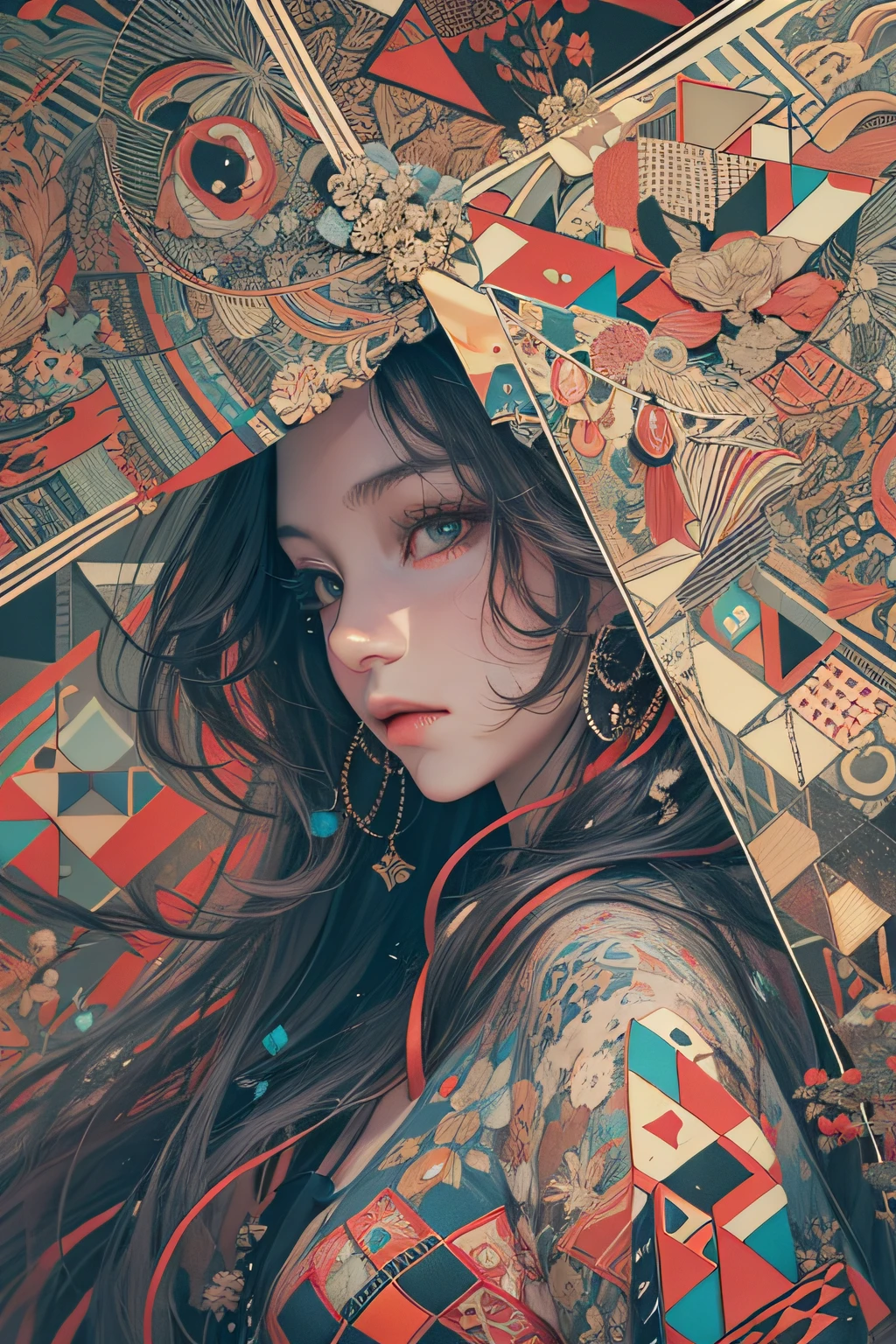 zhongfenghua, (geometric abstract background:1.2),1girl, depth of field, (zentangle, mandala, tangle, entangle), official art, unity 8k wallpaper, ultra detailed, beautiful and aesthetic, masterpiece,best quality, (dynamic angle:1.4), glowing skin, (floating colorful sparkles:1) the most beautiful form of chaos, elegant, a brutalist designed, vivid colours, romanticism