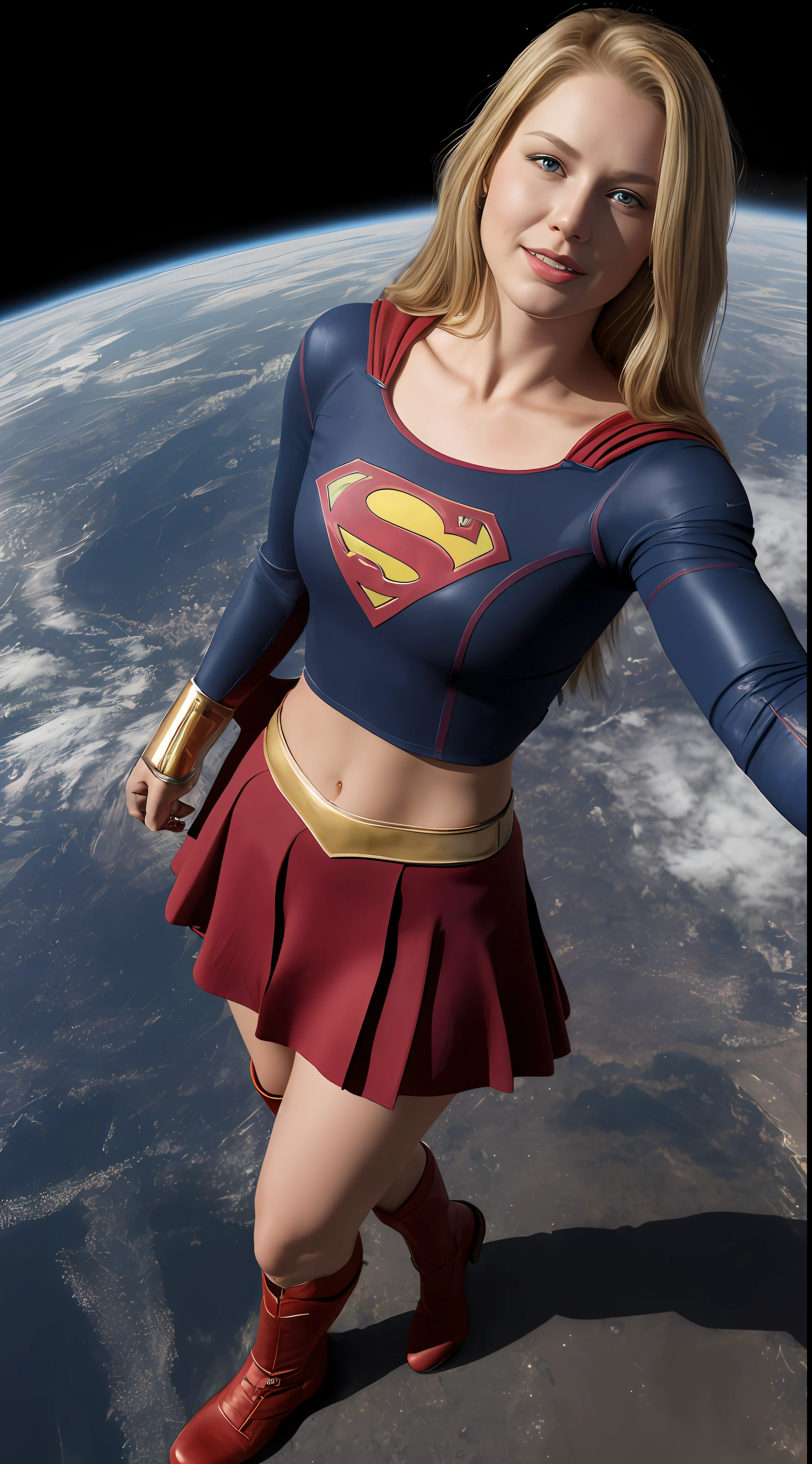 (((Towering over you))), face,supergirl Beautiful woman (20 years old, long blonde hair, blue eyes) defined body, detailed, using tube dress cosplay supergirl suite, smirking, standing on a planet in space with her full body in view, cosmic background, furrowed brow, ((midriff exposed)), city under her boots