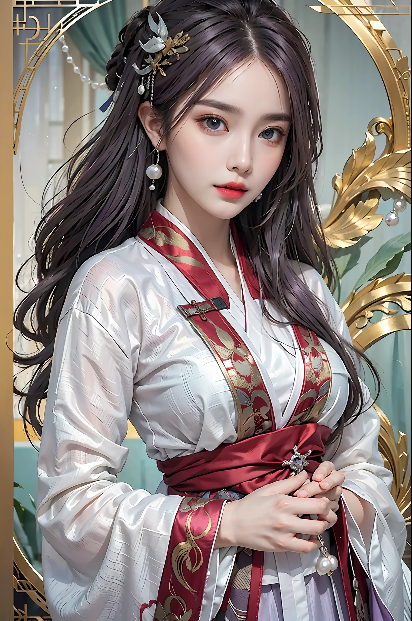 photorealistic, high resolution, 1 girl, hips up, beautiful eyes, light purple hair, intricate brocade hanfu, gorgeous accessories, wearing pearl earrings, red clothes