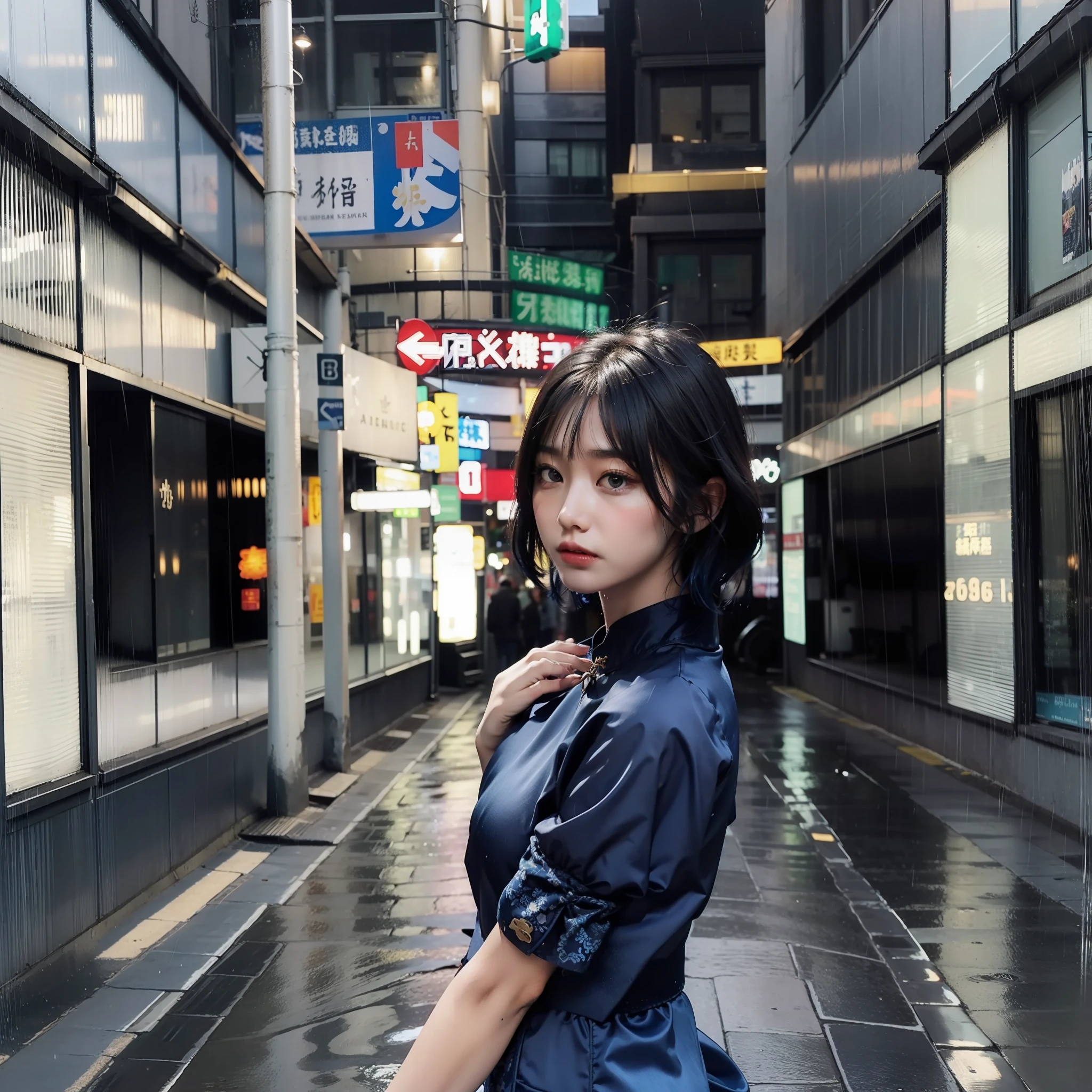 bluer hair:1.2,short hair,femele,Street view of ancient streets,rainy days,Blue cheongsam,Satin,Drape feeling