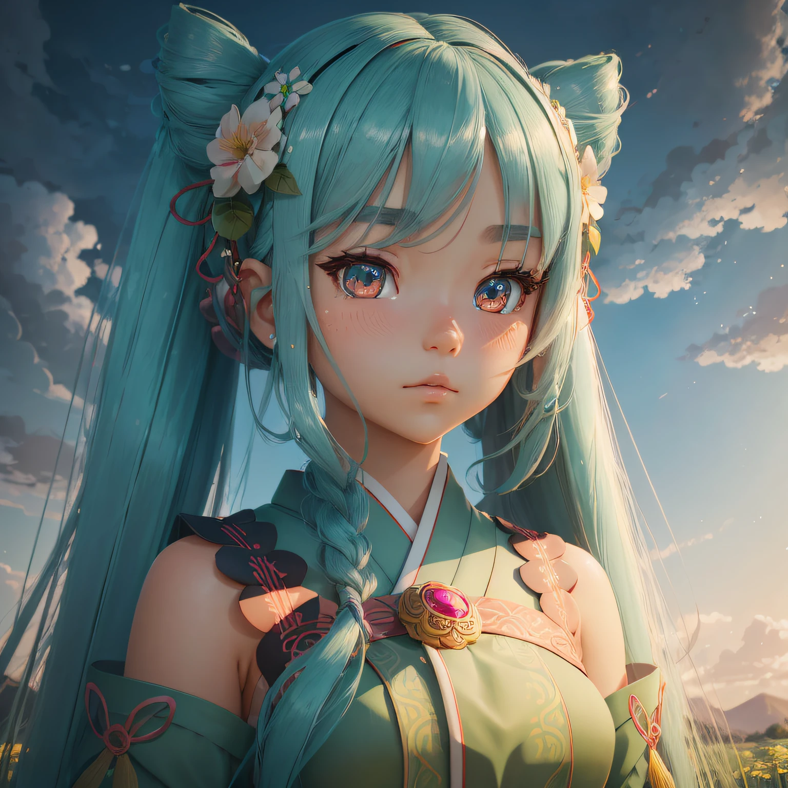 Beautiful girl with long twin-tailed hair, Beautiful ruby eyes, beautiful light blue hair, ers old, Full body portrait, Anime Girl, Japanese dress,Miniskirt, Digital Art 8K, Fantastic face, beautiful look, detailed hairs, ultra focus, Face illuminated, Details of face, Midsummer sky and Japan countryside, Highly detailed vector curves, It features a simple, Smooth and clean, sleeoing, Character Design, 3D Shading, Cinematic, ornate pattern, elegant organic framing, Hyper-Realism, Collection of masterpieces, Green grass々And bright colors, Reallife Human, --auto