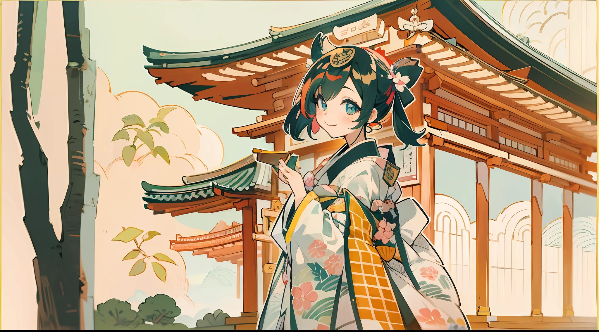 Woodblock prints and ink, A girl turned around, Clothing product samples , kawaii, smile, with colored contacts in her eyes, Accessories, full body,walking , in summer , Kinkakuji Temple in Kyoto