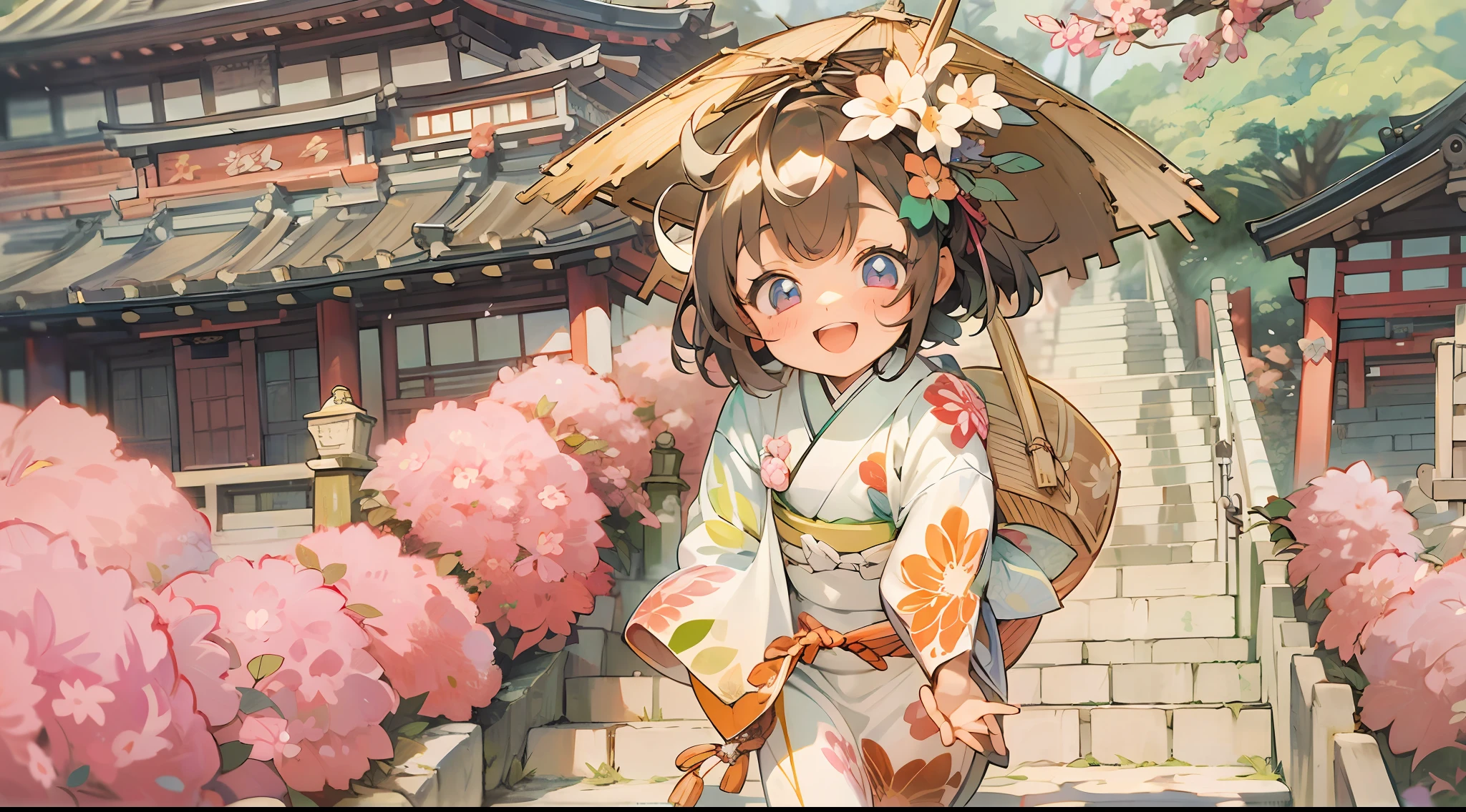 Woodblock prints and ink, A girl turned around, Clothing product samples , kawaii, smile, with colored contacts in her eyes, Accessories, full body,walking , in summer , Kinkakuji Temple in Kyoto