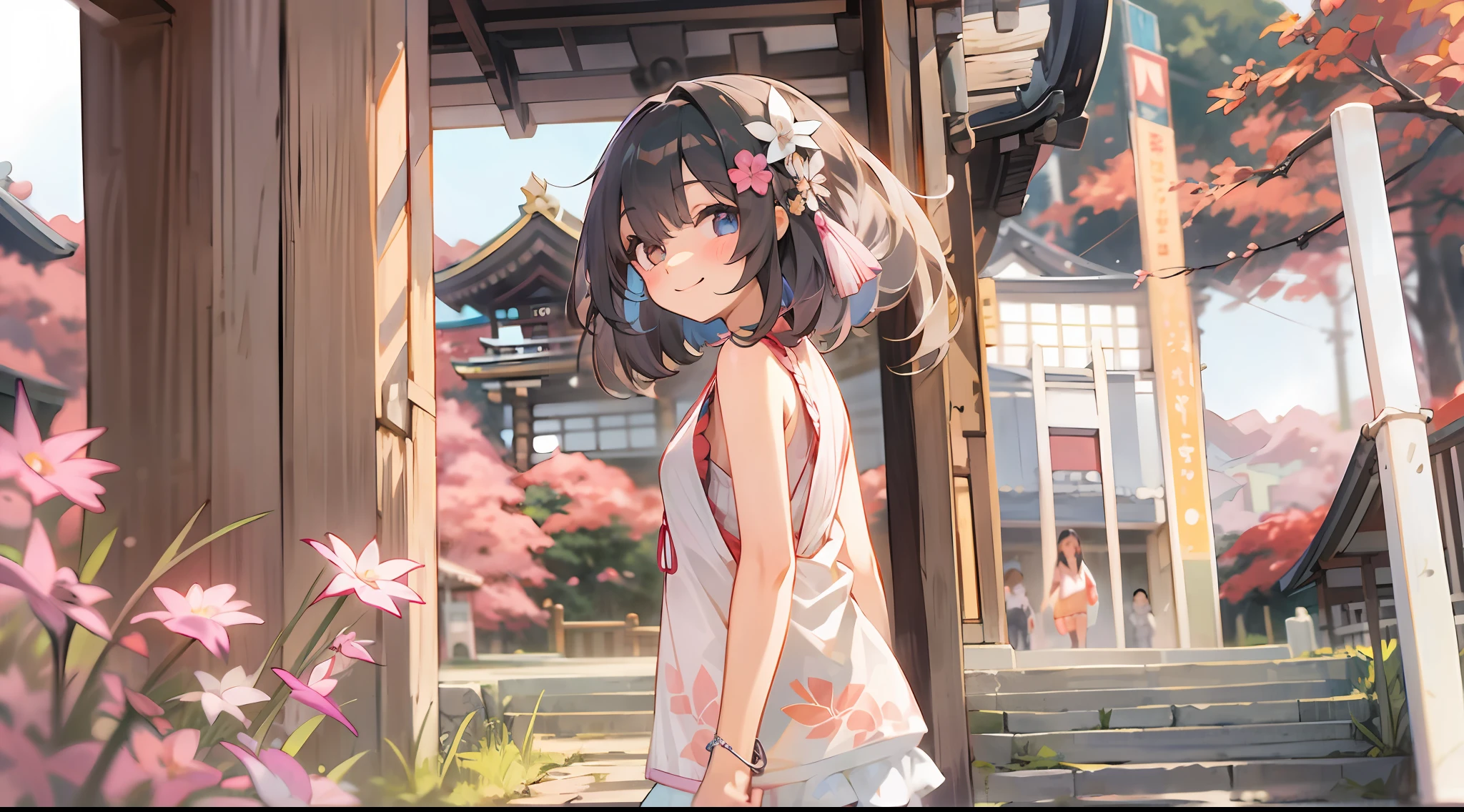 Girl turned around, clothing sample, cute, smiling, colored contacts in the eyes, accessories, full body, walking, summer, kyoto, kinkakuji