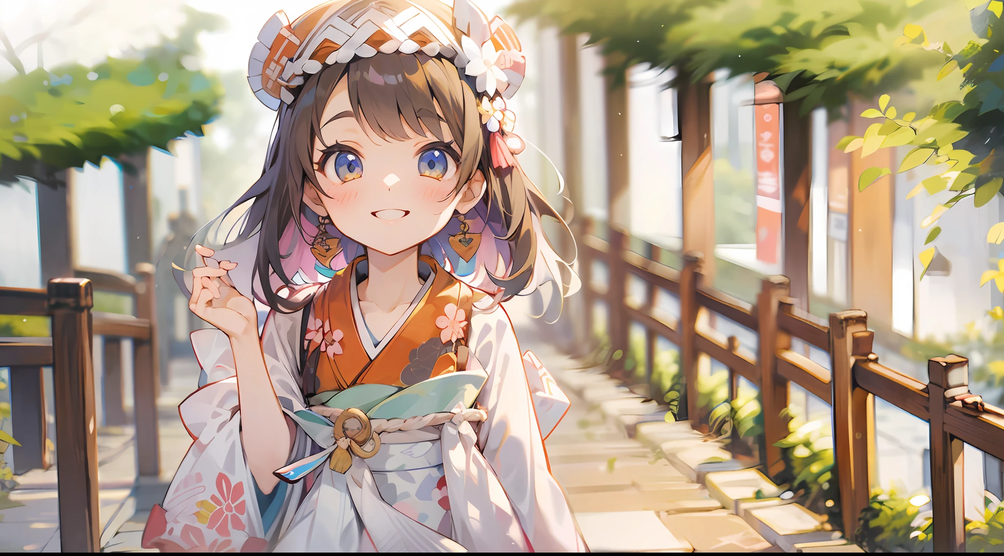 Girl turned around, clothing sample, cute, smiling, colored contacts in the eyes, accessories, full body, walking, summer, kyoto, kinkakuji