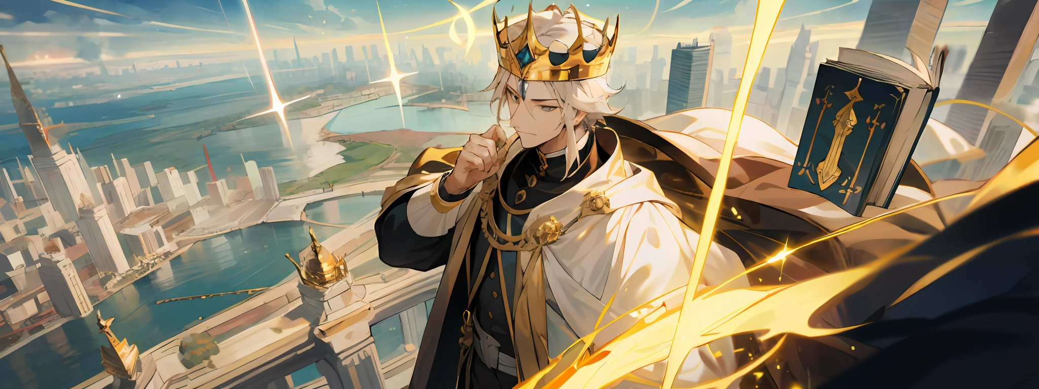 Homem rasgando um livro, De Terno Fino |, golden crown on head, arrogando, Above a metropolis, Ambiente Celestial, 4k, realista