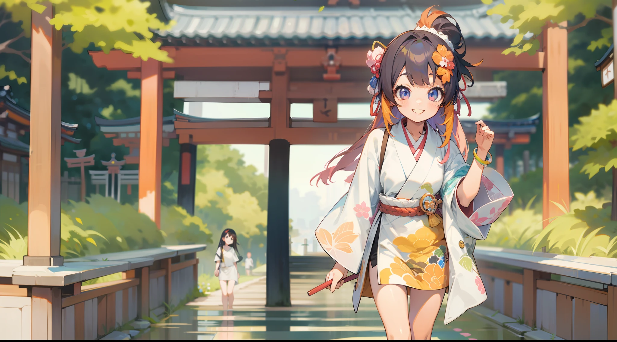 Girl turned around, clothing sample, cute, smiling, colored contacts in the eyes, accessories, full body, walking, summer, kyoto, kinkakuji