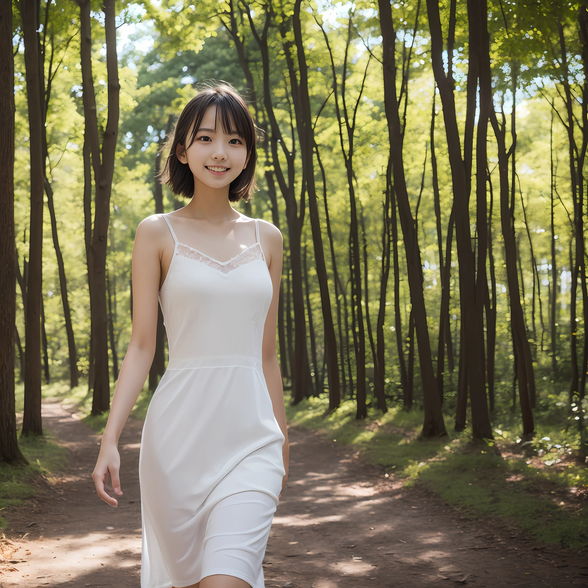 White camisole dress,a junior high school student, 4K, Beauty, Blowing wind, stroll, Amazing Angle, mile, blac hair, realisitic, detaileds, Shade, , , masutepiece, , A smile, in woods, bangss, , , ,