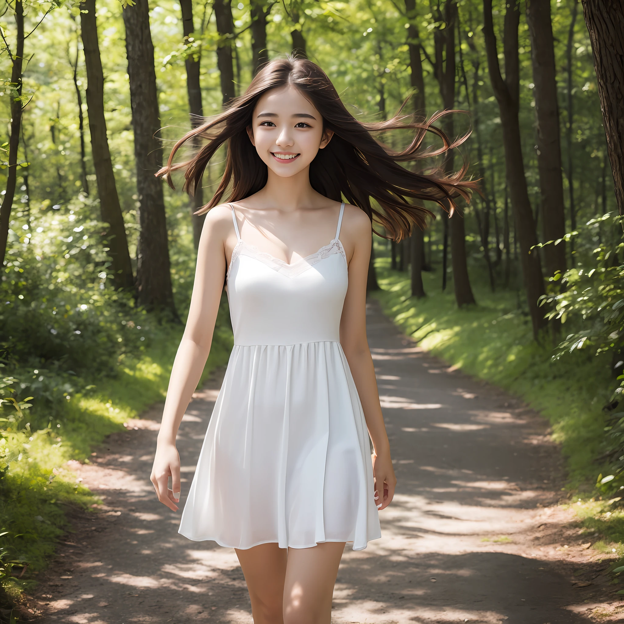 White camisole dress,a junior high school student, 4K, Beauty, Blowing wind, stroll, Amazing Angle, mile, blac hair, realisitic, detaileds, Shade, , , masutepiece, , A smile, in woods, bangss, , , ,