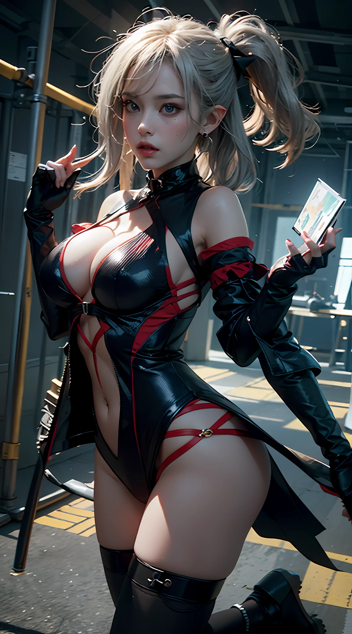 ((best qualtiy)), ((A masterpiece)), (detail:1.4), 3D, A beautiful elven fantasy beautiful girl,ear studs,((Long silver hair,Double ponytail:1.9)),(Red iris dress:1.7)(Black stockings beautiful legs,heeled sandals:1.6)(Western European medieval style,Metal Temple,:1.6),Metallic sequins,West Phantom Wind,closeup of face,Extremely normal hands,Extremely normal legs,hdr(HighDynamicRange),Ray traching,NVIDIA RTX,Hyper-Resolution,illusory 5,Subsurface tering、PBR Texture、post-proces、Anisotropy Filtering、depth of fields、maximum definition and sharpness、Many-Layer Textures、Albedo e mapas Speculares、Surface coloring、Accurate simulation of light-material interfectly proportioned、rendering by octane、Two-colored light、largeaperture、Low ISO、White balance、Rule of thirds、8K raw data