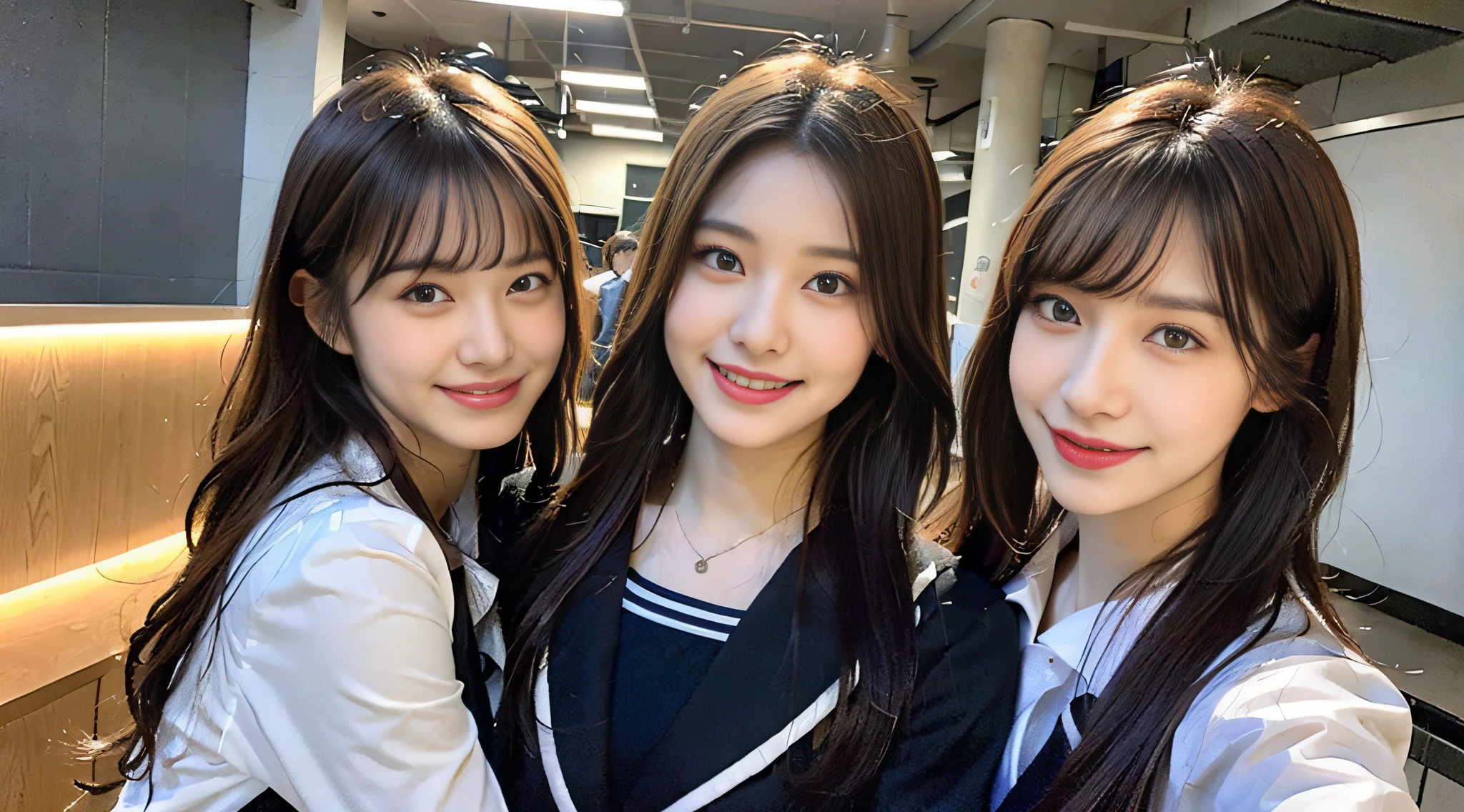 (8K、Raw photography、top-quality、masterpiece:1.2)、ultra-detailliert、ultra res、(hyper reality、)ultra-detailliert、ultra res、(realisitic、Real Photographics:1.47)、(Hugging each other)Leaning closer、(Fantastic lighting)Hugging、电影灯光、de pele branca、Fair-skinned female proofreading、An ultra-high picture quality、Stylish lighting、Beautiful female proofreading reflecting in light、amazing detailed、Beautiful girls in very detailed、Faces with different patterns、Different face patterns、Each hairstyle has its own characteristics、Farbe々Hairstyle、Farbe々Hair color、Circle of Angels、Having a conversation in a classroom at school、Brown hair shining in the light、One has a ponytail、、Modern cute high school girl、very detailed faces very detailed eyes、Very realistic skin、 extremely detailed fingers, highly detailed nose, highly detail mouth, perfect anatomia, Highly detailed sailor suit、highly detailed back ground,After school、Smiling school girls are gathered in the hallway of the school。They are hugging each other in uniform、Light from bright windows illuminates the classroom、The details of their hair and uniforms shine through.。, famous Japan idol, cute little, Realistic body, de pele branca, glistning skin, Slim body, Long straight hair, (Blunt bangs:1.2), two young women in school uniforms hugging each other in a hallway, two japanese schoolgirls posing, nixeu and sakimichan, TWICE, Seifuku, sakimichan, JK Uniform, wearing japanese school uniform,