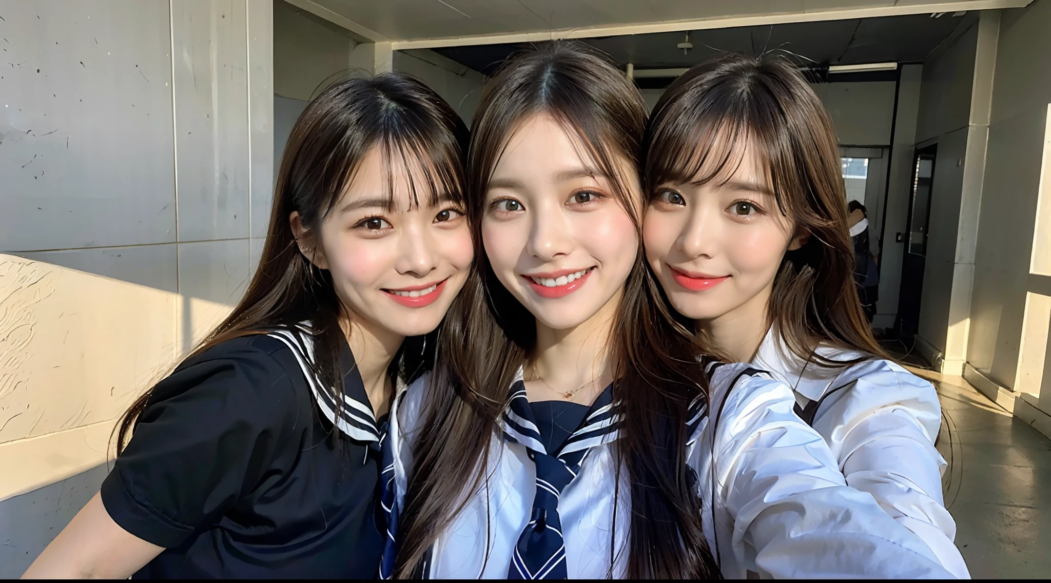 (8K、Raw photography、top-quality、masterpiece:1.2)、ultra-detailliert、ultra res、(hyper reality、)ultra-detailliert、ultra res、(realisitic、Real Photographics:1.47)、(Hugging each other)Leaning closer、(Fantastic lighting)Hugging、电影灯光、de pele branca、Fair-skinned female proofreading、An ultra-high picture quality、Stylish lighting、Beautiful female proofreading reflecting in light、amazing detailed、Beautiful girls in very detailed、Faces with different patterns、Different face patterns、Each hairstyle has its own characteristics、Farbe々Hairstyle、Farbe々Hair color、Circle of Angels、Having a conversation in a classroom at school、Brown hair shining in the light、One has a ponytail、、Modern cute high school girl、very detailed faces very detailed eyes、Very realistic skin、 extremely detailed fingers, highly detailed nose, highly detail mouth, perfect anatomia, Highly detailed sailor suit、highly detailed back ground,After school、Smiling school girls are gathered in the hallway of the school。They are hugging each other in uniform、Light from bright windows illuminates the classroom、The details of their hair and uniforms shine through.。, famous Japan idol, cute little, Realistic body, de pele branca, glistning skin, Slim body, Long straight hair, (Blunt bangs:1.2), two young women in school uniforms hugging each other in a hallway, two japanese schoolgirls posing, nixeu and sakimichan, TWICE, Seifuku, sakimichan, JK Uniform, wearing japanese school uniform,