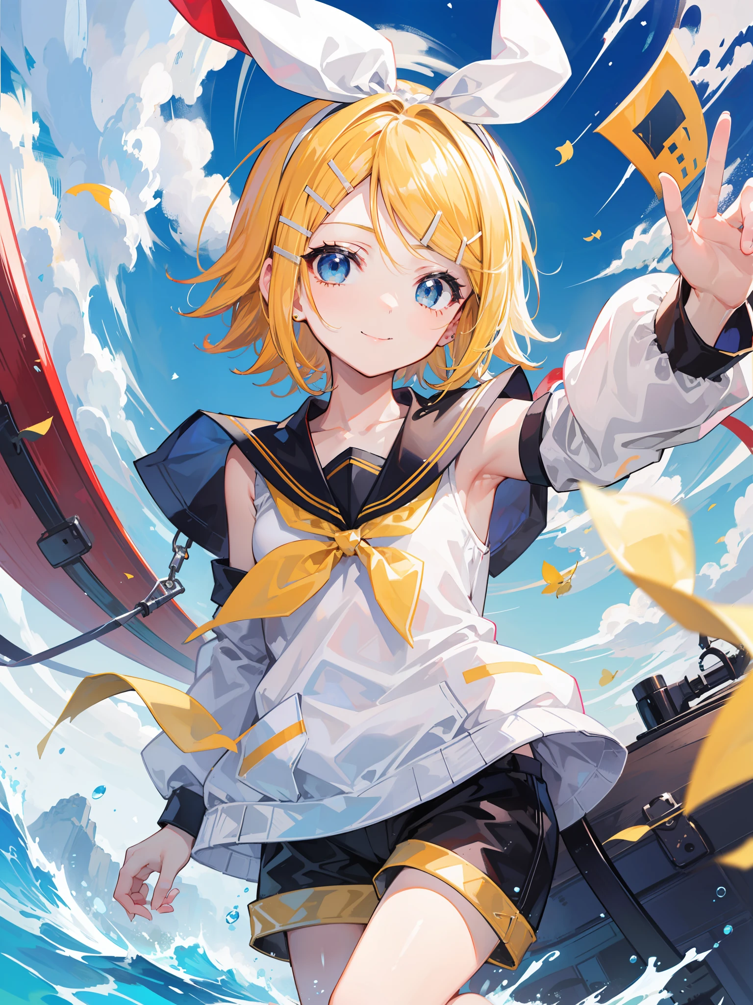 top-quality、super precision、One girl、(kagamine_Rin)、blue eyess、Shorthair、cute little、Natural smile、a sailor suit、Short pants、Sleeveless、Your girlfriend