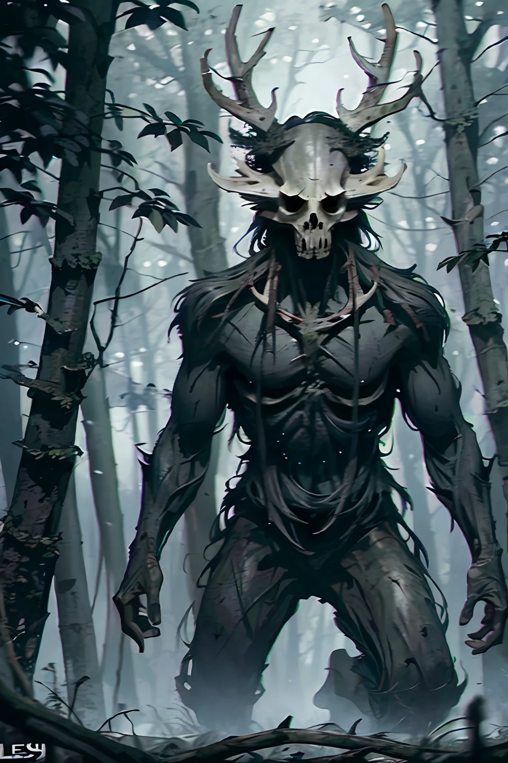 (leshy:1.5), (dark forest), tall trees, grayscale, ((horror)), ((masterpiece)), creepy, (shadowy figure), bipedal, (realistic), (monster), deity, (antlers), (deer skull)