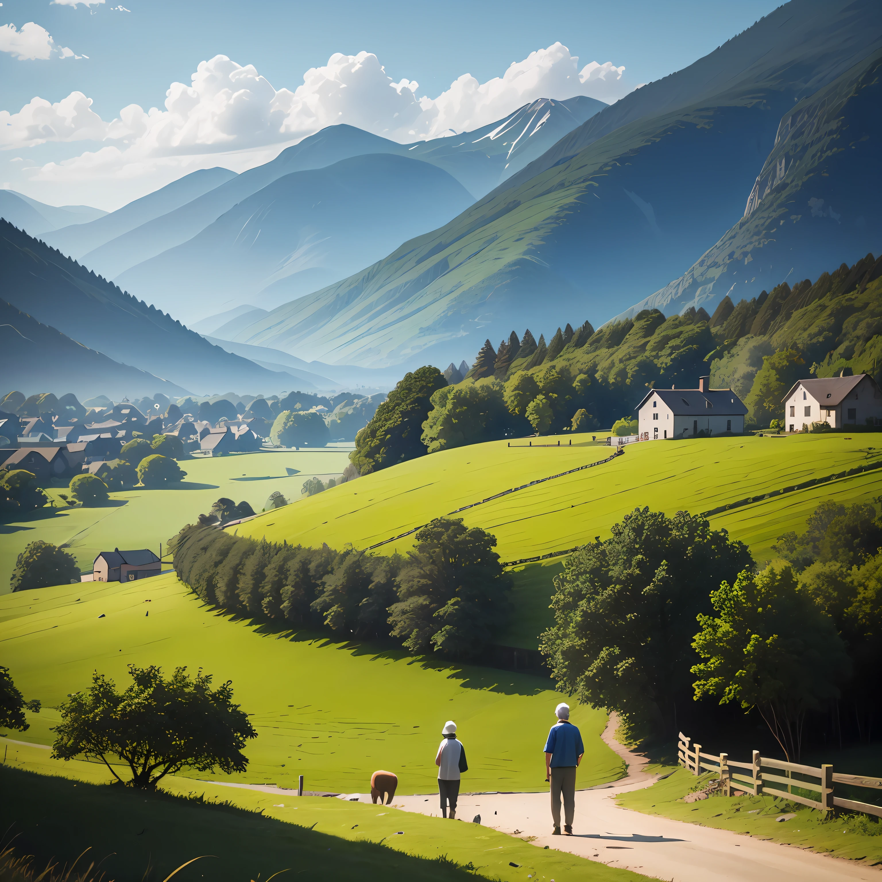 Image: In the small village, an elderly father, wearing simple clothes, is standing in front of a country house. Beside him, two adult male children are present, the youngest son, with a look full of curiosity and restlessness, and the eldest son, with a more serious and reserved expression. The surrounding environment is rural, with green hills in the distance and a few sheep grazing. 8k, UHD, HD --auto