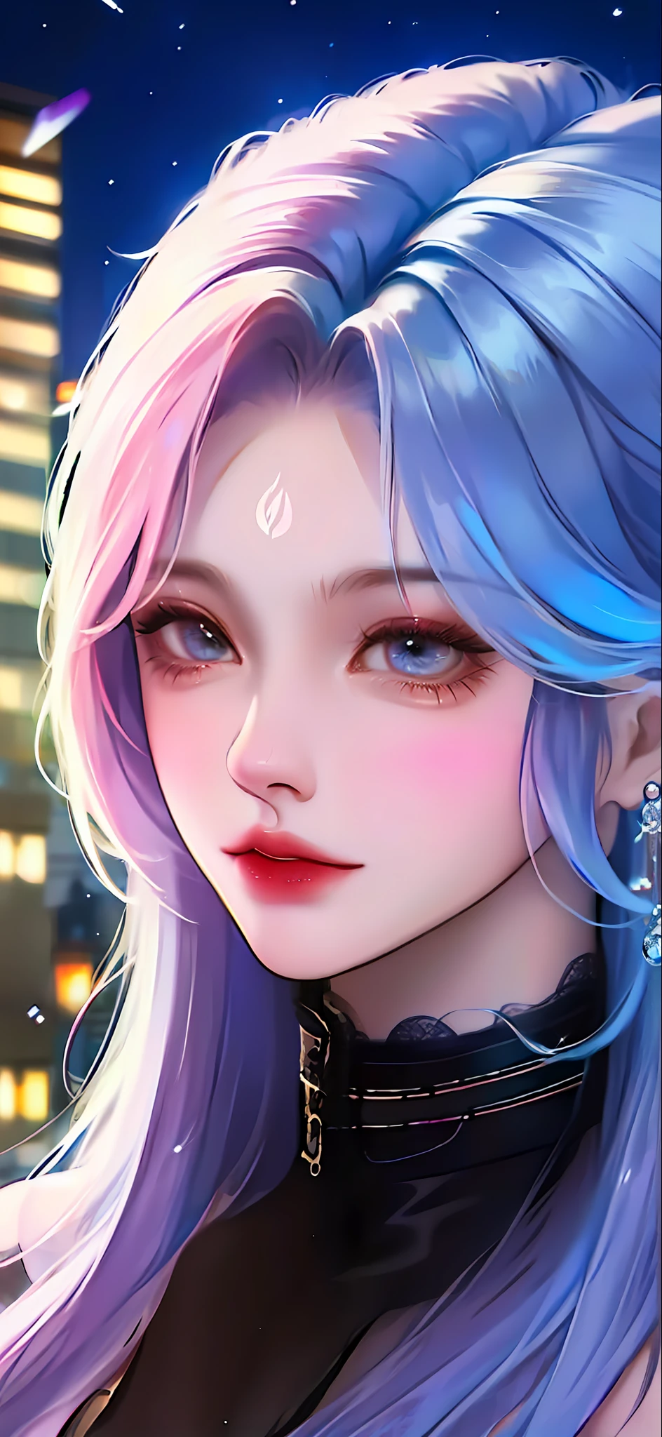 head portrait,sense of science and technology,Hair is slightly blue,nigth,Buildings,Black collar,Best image quality