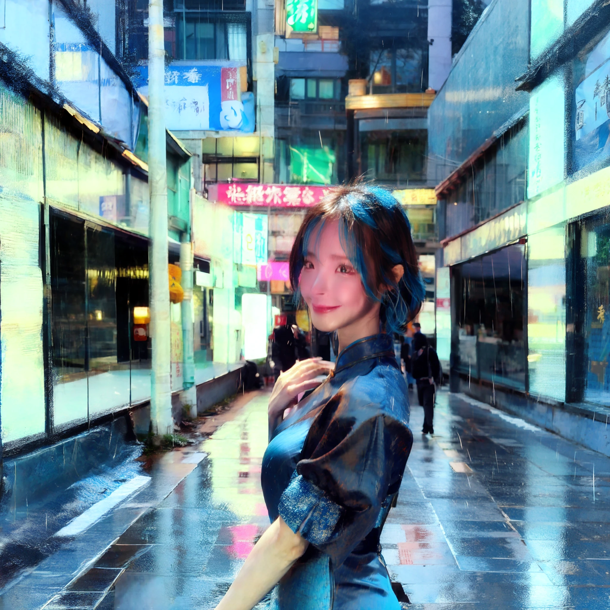 bluer hair:1.2,Short hair,femele,Chinese ancient street streetscape,Rainy days,The blue cheongsam is tight,Satin,Sword in hand