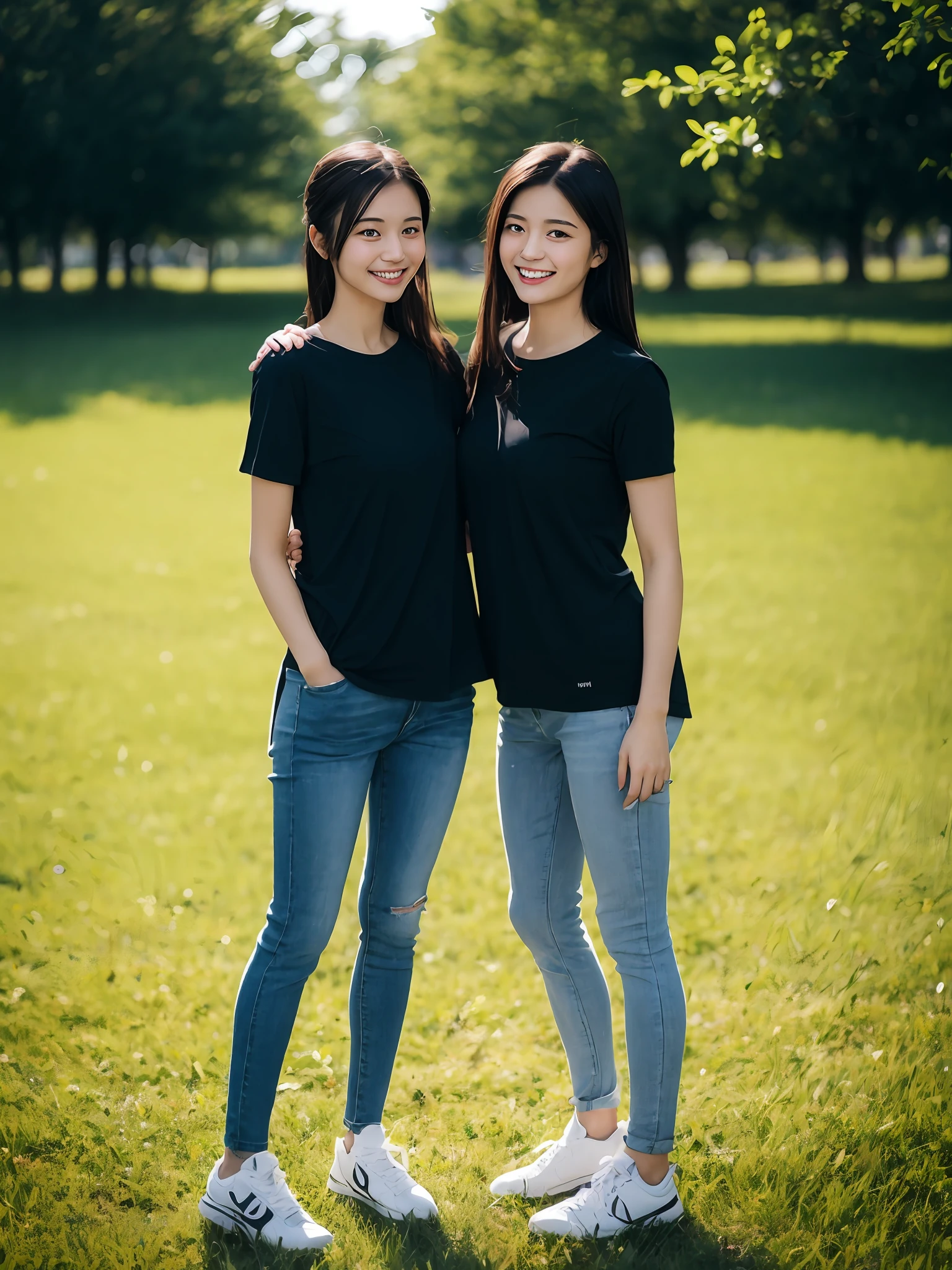 (超高分辨率,RAW photogr,realisticlying,tmasterpiece,best qualtiy:1.4),Complicated details,3个女孩,3 20 year old Korean girl,Wear a loose black T-shirt and skinny jeans,Stand on the grass and take pictures,hugs,Intimate relationships,Detailed meadow,A sweet smile on a small face,Ultra-realistic facial details,The face and skin are pink and white, and luminous,Playful and coquettish pose,The calves are straight and slender:1.2,Wear high-end brand sneakers:1.0,eventide:0.3,Broad lighting,naturalshadow:1.0,超高分辨率,taking a full body photo:1.8 --auto