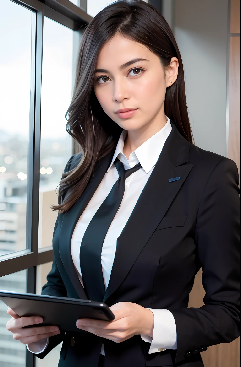 "Imagine Sofia Mendes, a advogada especialista em Direito Digital Criminalista, in action! She is depicted in a modern and technologically advanced office, com uma elegante mesa de vidro e uma parede de vidro com uma vista deslumbrante da cidade ao fundo. His posture is confident and professional, with a determined expression on his face.

Sofia veste um elegante terno azul-marinho, transmitindo autoridade e profissionalismo. Seus cabelos castanhos, perfeitamente penteados, reflect the subtle glow of office lights. in her hands, ela segura um tablet, symbolizing your connection to the digital world.