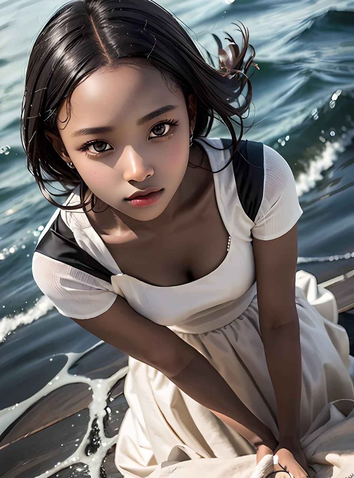 Photorealistic Beautiful black girl,African girl,Thin,Petite,Dark skin,,Wear formal dresses,Long skirt mopping the floor,Have by the sea,Strong gaze,Close-up portrait surrealism