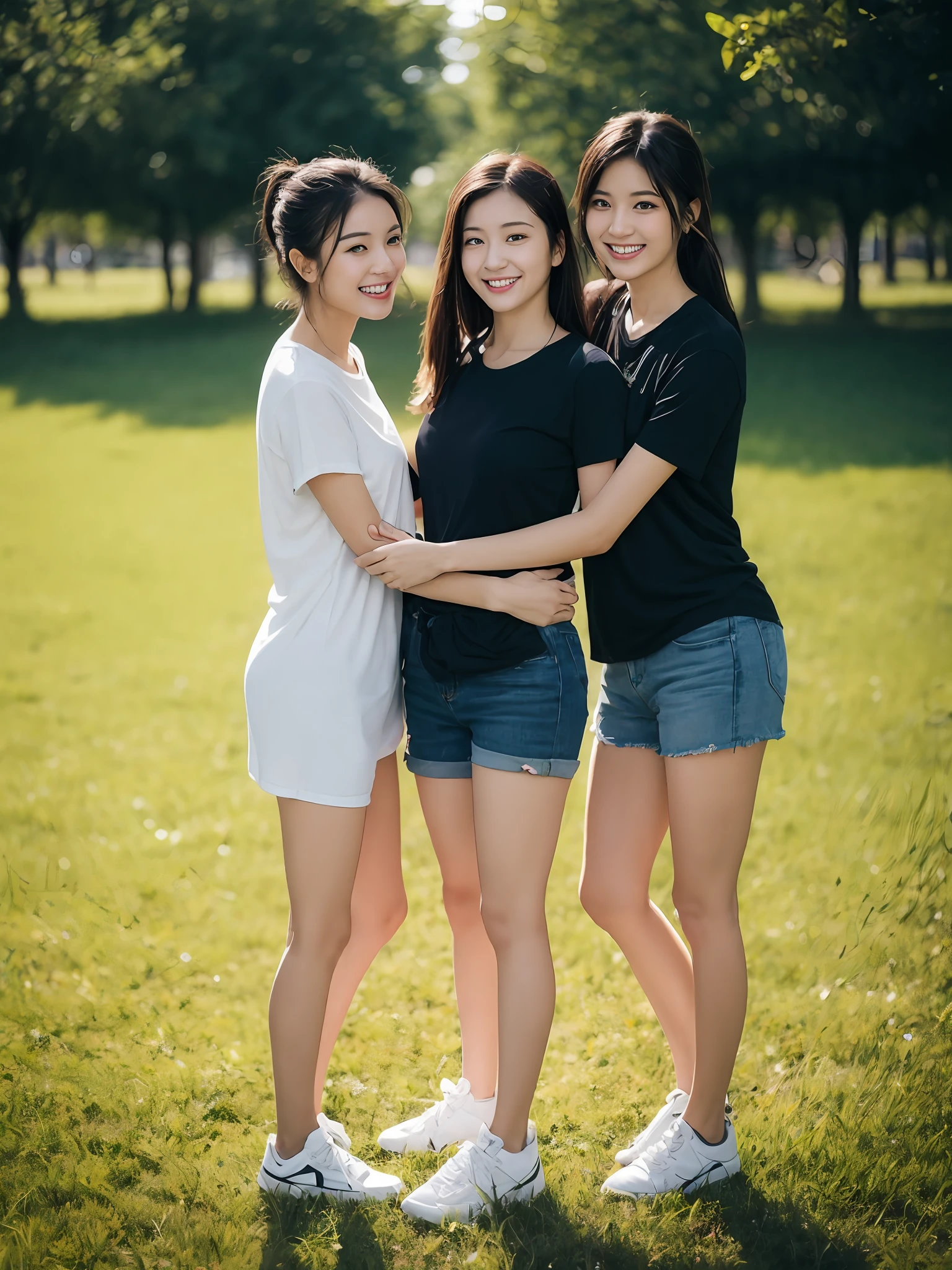 (超高分辨率,RAW photogr,realisticlying,tmasterpiece,best qualtiy:1.4),Complicated details,3个女孩,3 20 year old Korean girl,Wear a loose black T-shirt and skinny jeans,Stand on the grass and take pictures,hugs,Intimate relationships,Detailed meadow,A sweet smile on a small face,Ultra-realistic facial details,The face and skin are pink and white, and luminous,Playful and coquettish pose,The calves are straight and slender:1.2,Wear high-end brand sneakers:1.0,eventide:0.3,Broad lighting,naturalshadow:1.0,超高分辨率,taking a full body photo:1.8 --auto
