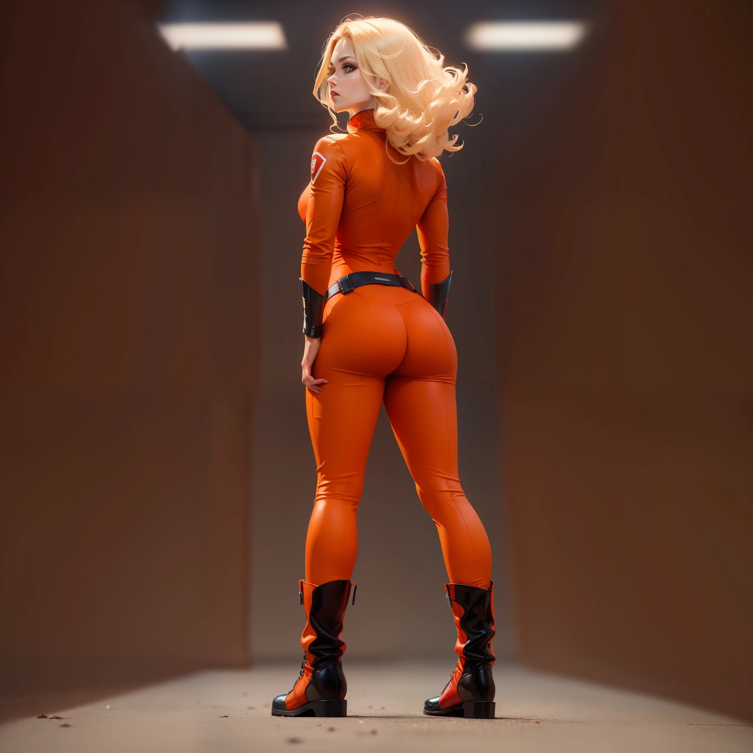 (A female superhero),（A woman in a red jumpsuit，Jumpsuits）,(Black boots）,Back,standing on your feet,The legs are long,Focus on the butt,The butt is round,8K