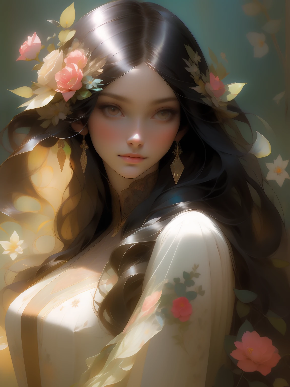 PHOEB DAVIS beautiful woman with long black hair, Mucha combines fresh, delicate colors with floral motifs,Fantastic Paintings by Paolo Eleuteri Serpieri ,high quality,colors uhd, --ar 3:4 --upbeta --test --creative --upbeta --upbeta --upbeta --upbeta --upbeta --upbeta