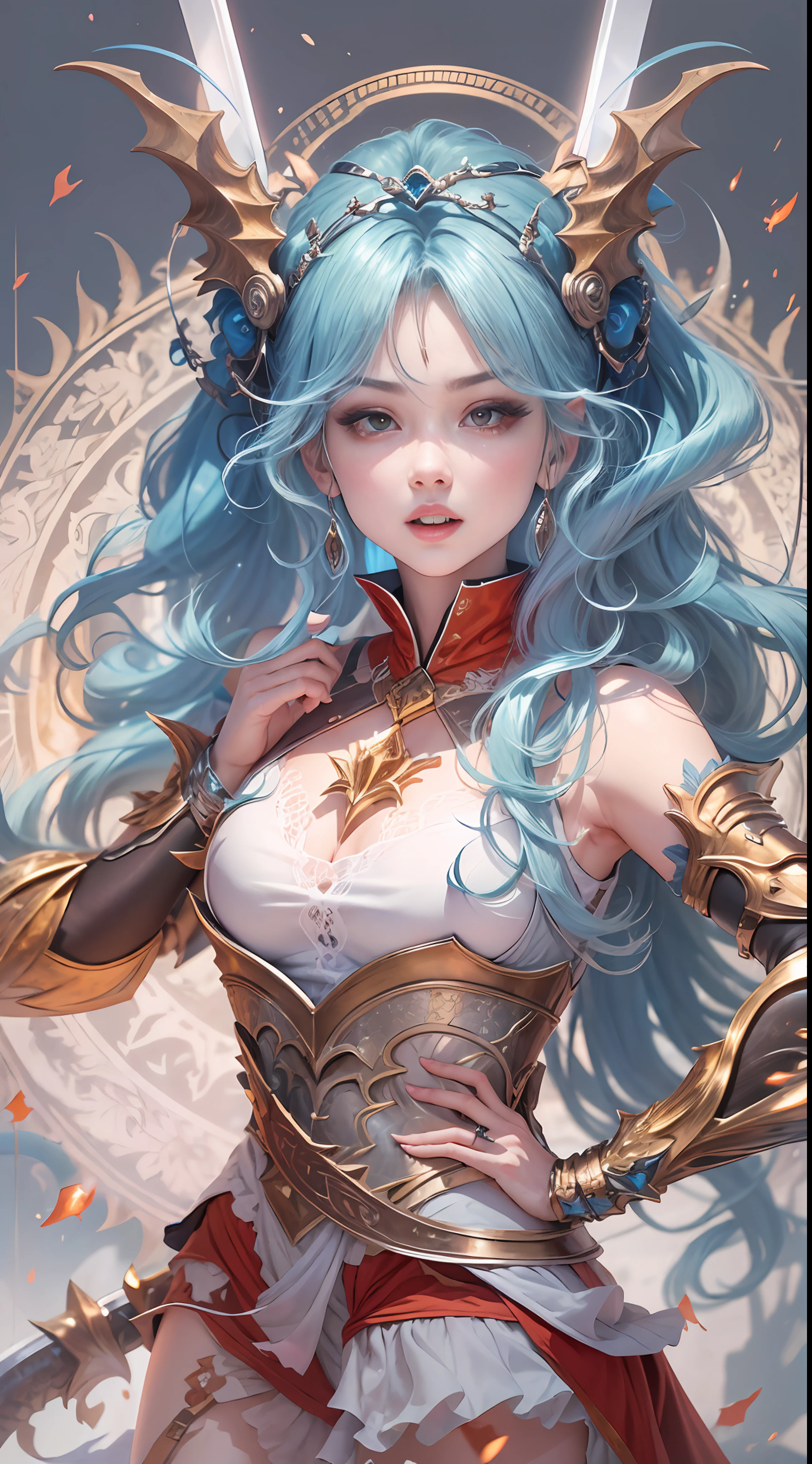 (the detail:1.4), 3D combination with dragons, Human dragon tail, A girl in dragon scale armor, The dragon pattern on the armor is golden, (Fiery red clothes), Off-the-shoulder fashion, Dynamic movement of sword dance in a human-centered circular circle, Showing meticulous、A fusion of fine punk steam and baroque lolita, The gesture of waving a large sword with both hands, Sword Qi spins, Countless meteorites fell from the sky, Intricate dragon pattern headdress, Fluttering lace flared miniskirt, Full breasts, On the chest is a dragon crystal that shines blue light, Clean long blue hair, long vertical curly, Burning ruins background, cinmatic lighting, devil pupils, His face showed inexplicable excitement。, Determination, The upper arm is tied with a ribbon, This big fireball is flying all over the sky, Rococo style, Depth of field, Depth of field, Ray tracing, Motion blur, surrealism, art-deco, hdr(HighDynamicRange), Textured skin, hyper HD, Masterpiece, High details, High quality, Best quality, A high resolution, 16k