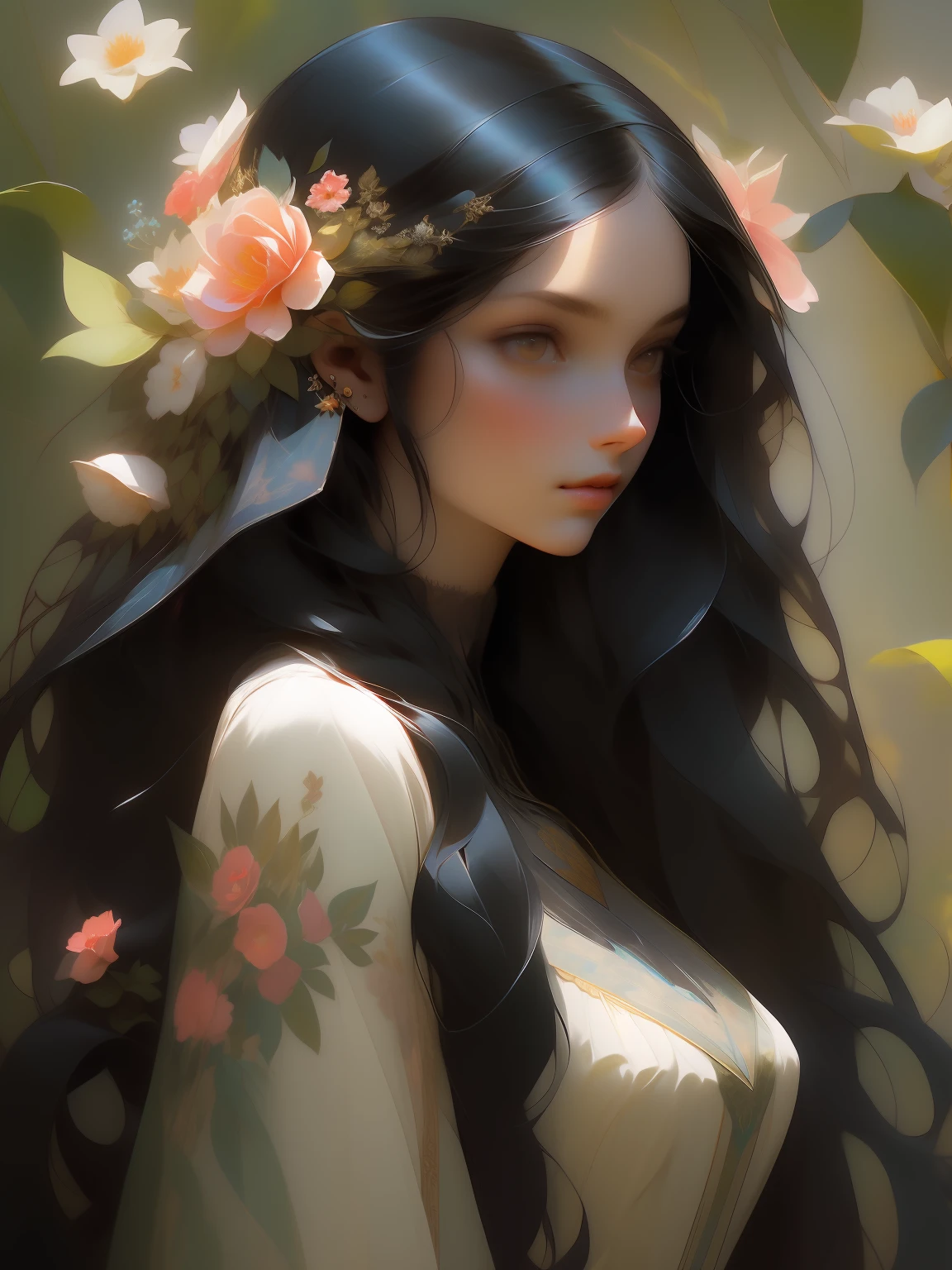 PHOEB DAVIS beautiful woman with long black hair, Mucha combines fresh, delicate colors with floral motifs,Fantastic Paintings by Paolo Eleuteri Serpieri  ,high quality,colors uhd, --ar 3:4 --upbeta --test --creative --upbeta --upbeta --upbeta --upbeta --upbeta --upbeta