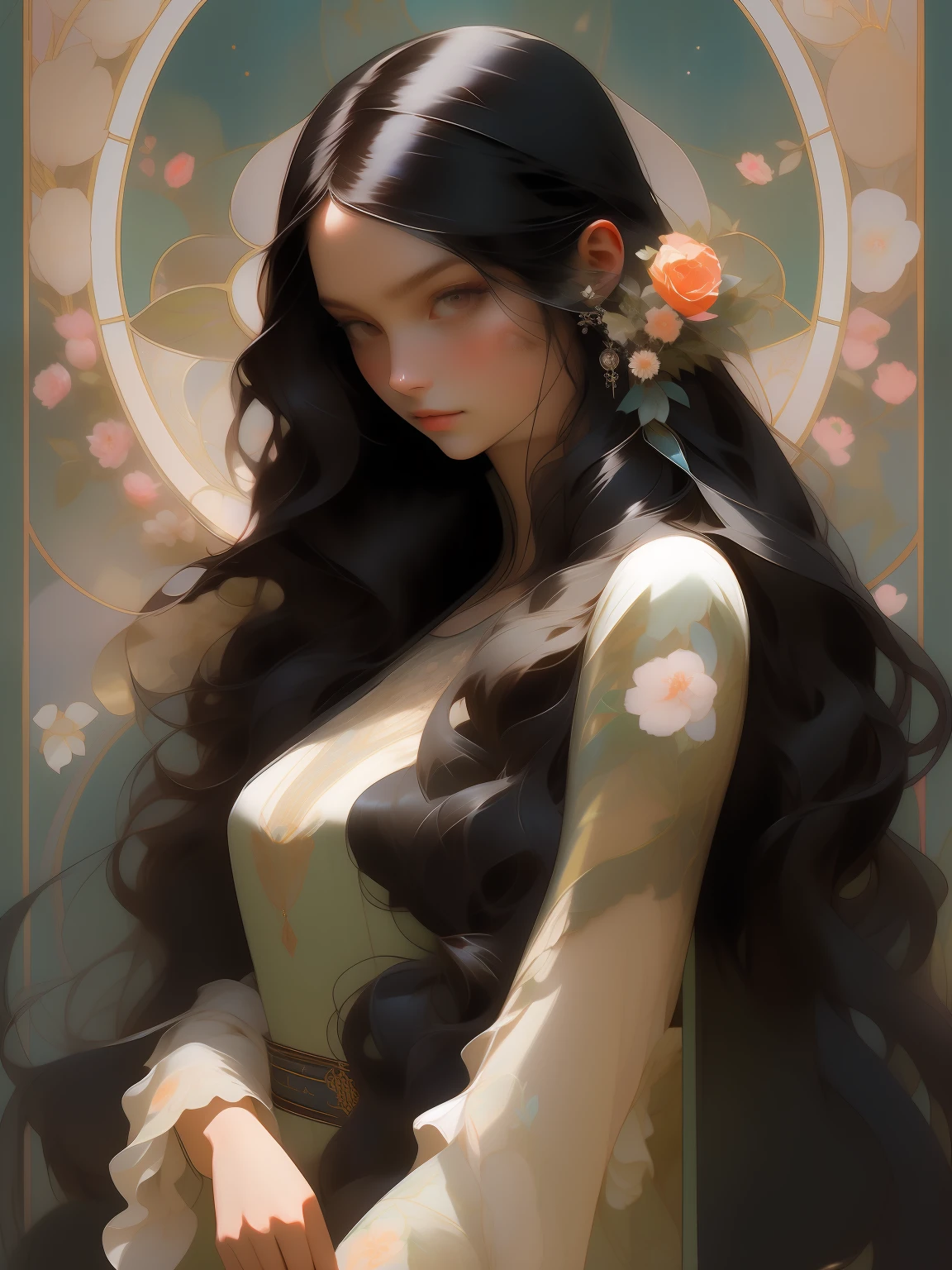 PHOEB DAVIS beautiful woman with long black hair, Mucha combines fresh, delicate colors with floral motifs,Fantastic Paintings by Paolo Eleuteri Serpieri  ,high quality,colors uhd, --ar 3:4 --upbeta --test --creative --upbeta --upbeta --upbeta --upbeta --upbeta --upbeta