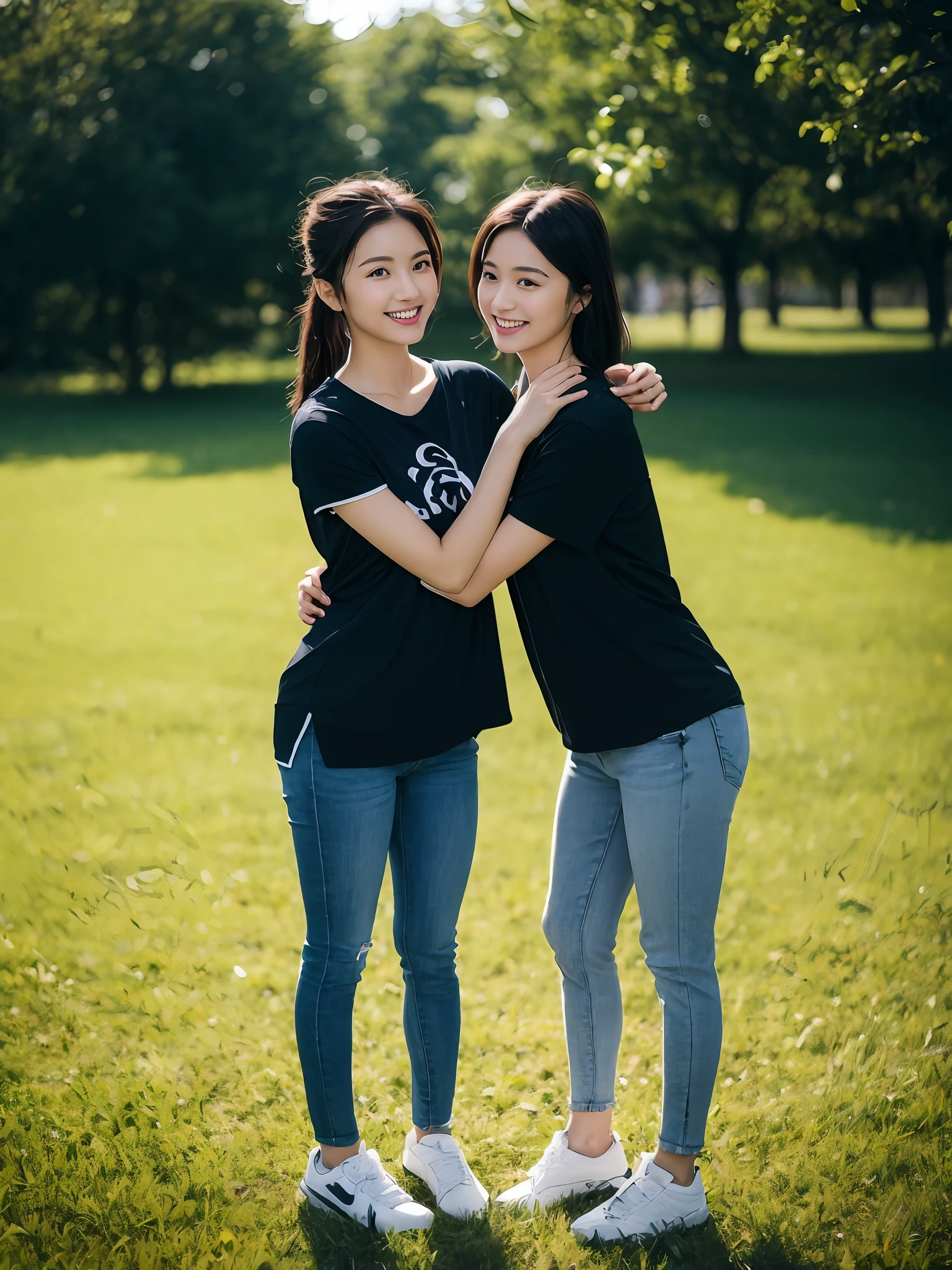 (超高分辨率,RAW photogr,realisticlying,tmasterpiece,best qualtiy:1.4),Complicated details,3个女孩,3 20 year old Korean girl,Wear a loose black T-shirt and skinny jeans,Stand on the grass and take pictures,hugs,Intimate relationships,Detailed meadow,A sweet smile on a small face,Ultra-realistic facial details,The face and skin are pink and white, and luminous,Playful and coquettish pose,The calves are straight and slender:1.2,Wear high-end brand sneakers:1.0,eventide:0.3,Broad lighting,naturalshadow:1.0,超高分辨率,taking a full body photo:1.8 --auto
