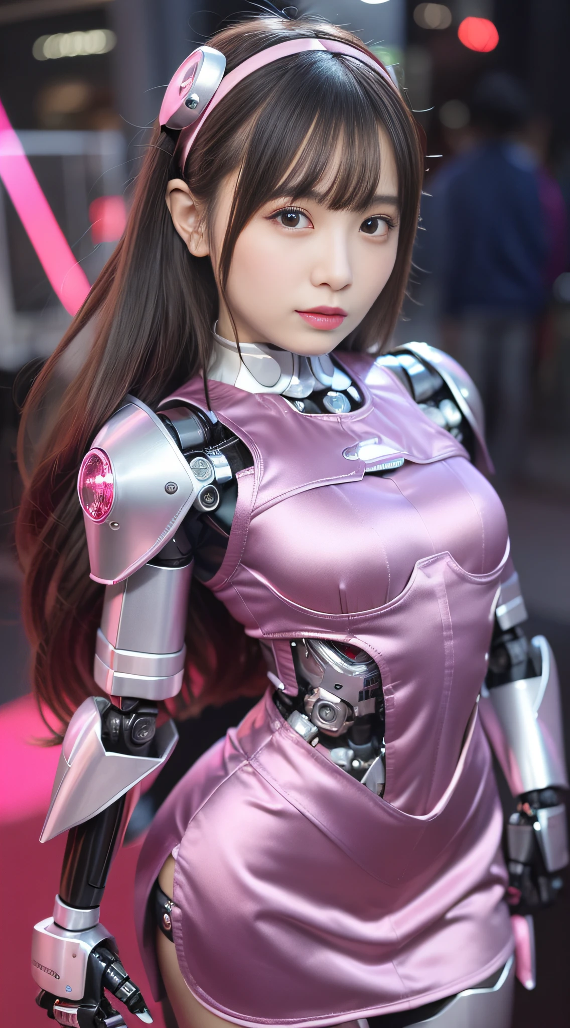 (Photorealsitic:1.4)、Onegirl、(top-quality),(hyperdetailed face)、(Super well-formed face)、((Robot Parts))、(Cyborg girl)、(Burgundy)、(Silver)、(metalic)、(fullllbody)、(Moe Pose)、(After)、(Slender body)、(tits out)、(Model body type)、(mecha exposure)、(akihabara)、(is looking at the camera)、(A dark-haired)、(９Head and body)、(a small face)、(Idol)、(front facing)、(is standing)、(Photo session)、(Looks sad)、(Cyborg girl in pink satin dress)、(sleeve less)、(a miniskirt)