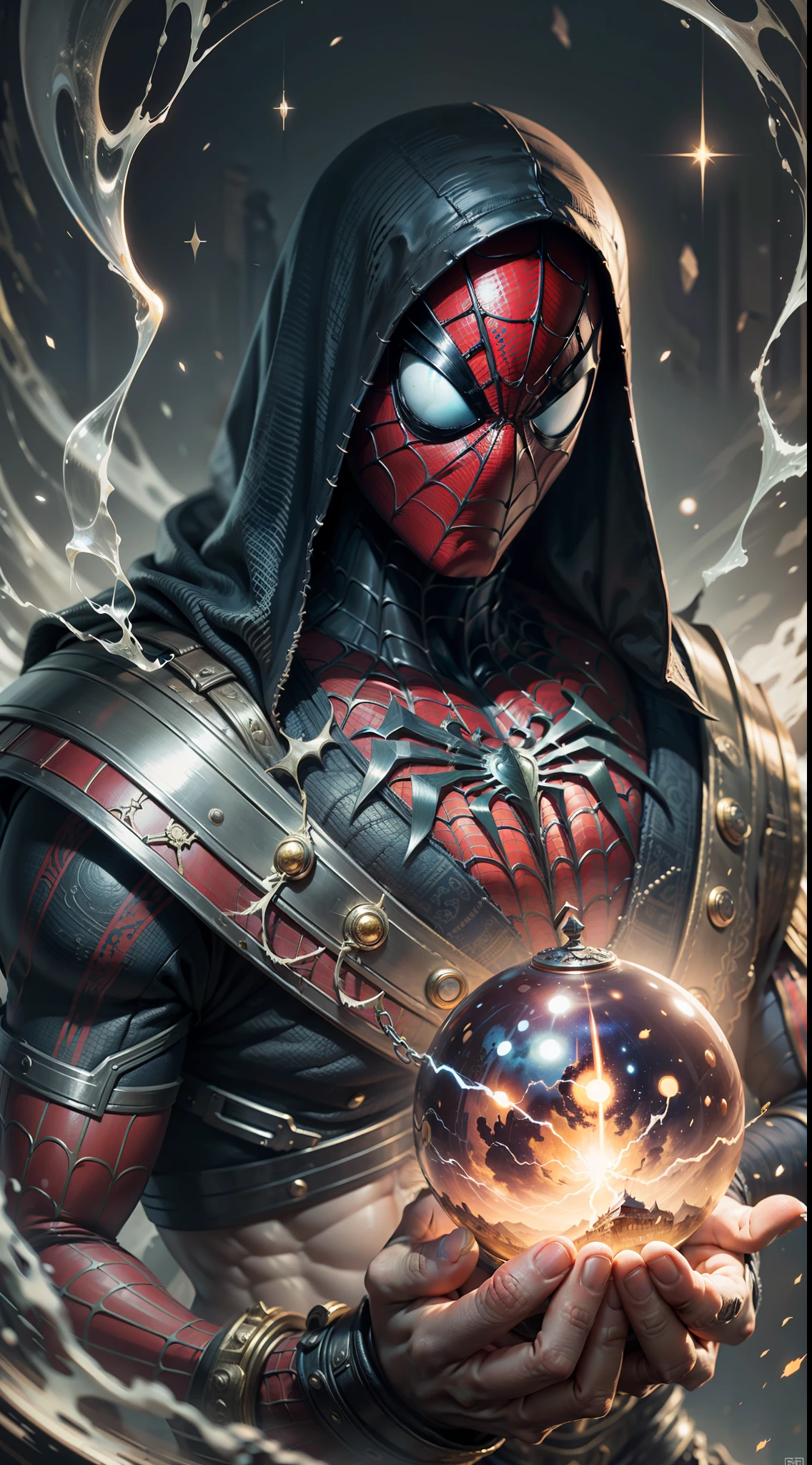 midjourny-v5 style "ANCIENT SPIDERMAN, (Best quality),(masterpiece),(ultra detailed),(high detailed),(extremely detailed),God holding a giant chinaage in his hands, high fantasy, cosmic, cosmic effects, big impact, big eyes, 4k, dark souls, very detailed.