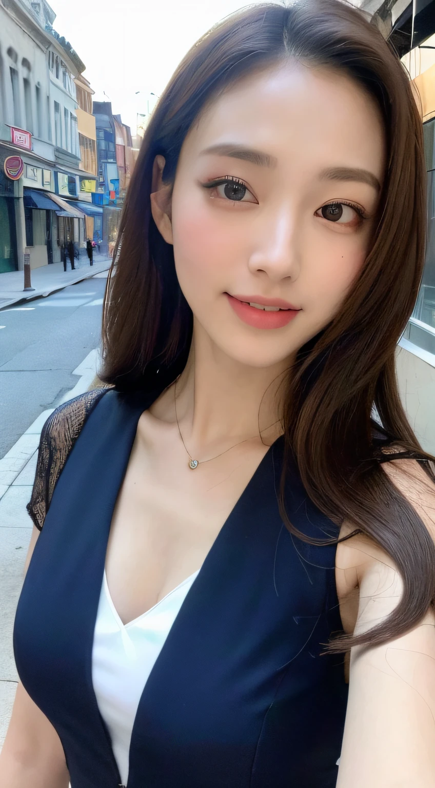 ((top-quality、8k、masterpiece:1.3))、1girl in、a smile、full bodyesbian、Slim Faces、Pretty women、(dark brown hair)、Full-length dresses:1.1、hyperdetailed face、A detailed eye、二重まぶた、blured background、Slim Faces、城市、takeout、a street、Two arms