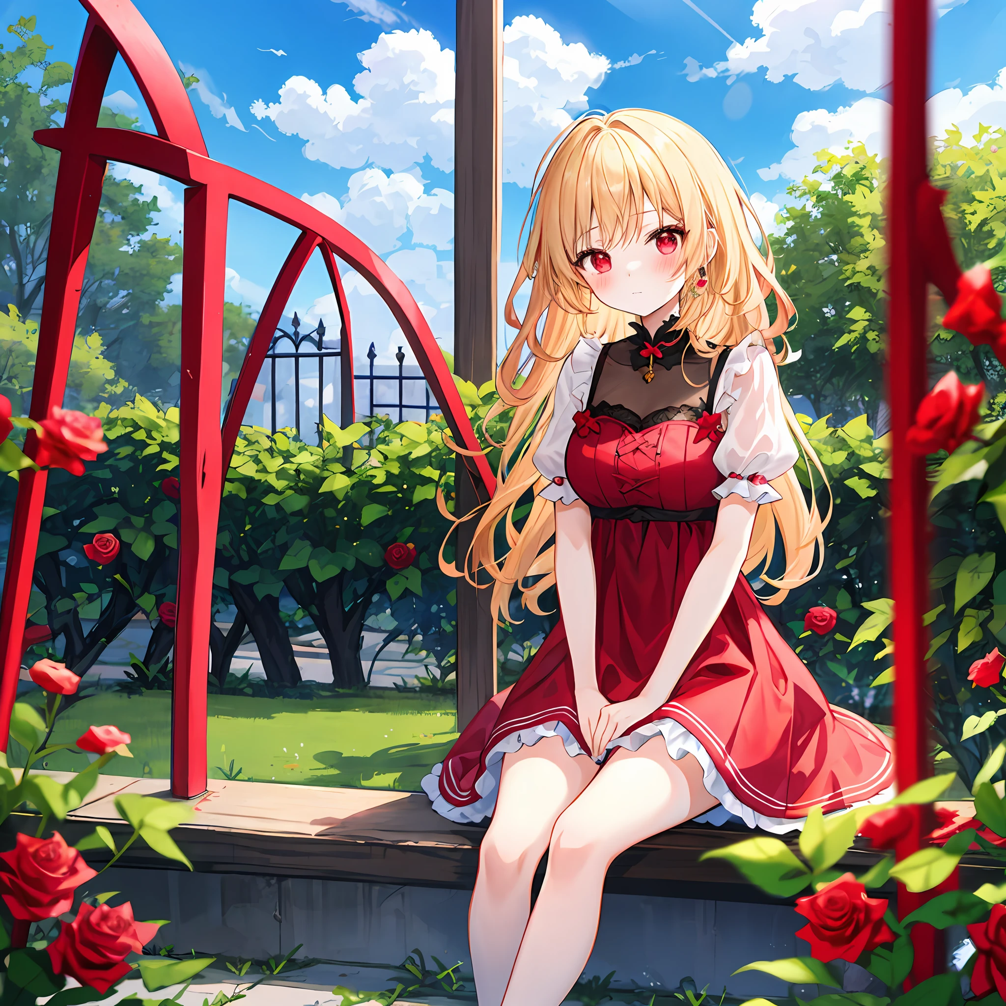 red blush、Wavy blonde hair、red eyes、Beautiful girl alone、animesque、独奏、Pink dress、a miniskirt、rose garden、lonely、sitting on