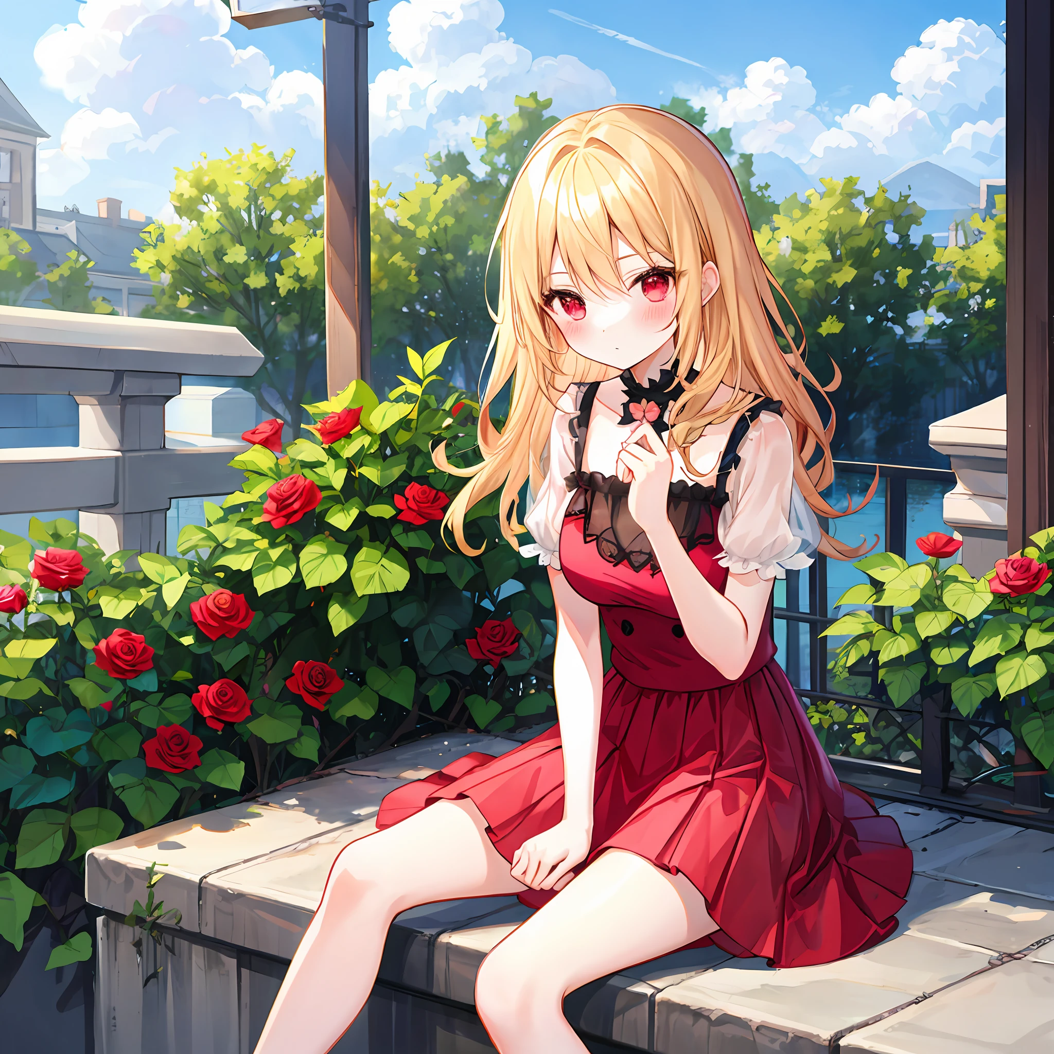 red blush、Wavy blonde hair、red eyes、Beautiful girl alone、animesque、独奏、Pink dress、a miniskirt、rose garden、lonely、sitting on