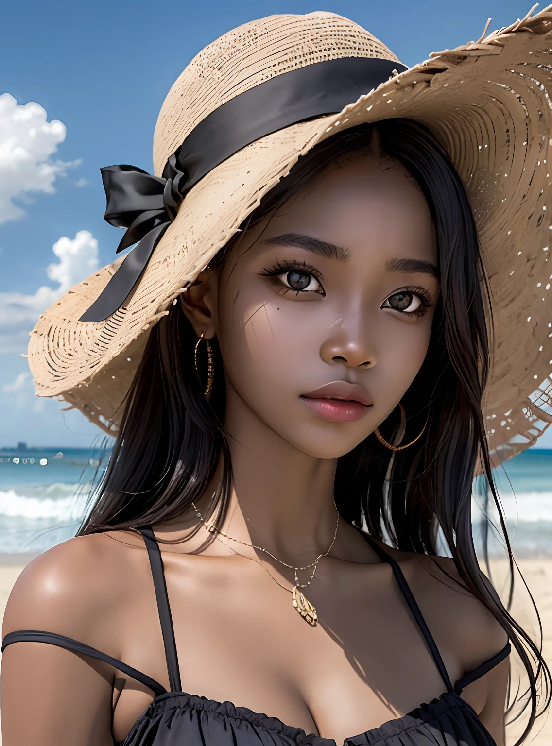 Photorealistic Beautiful black girl，African girl，Thin，Dark  skin，is wearing  dress，on  the  beach，Strong gaze，Close-up portrait surrealism