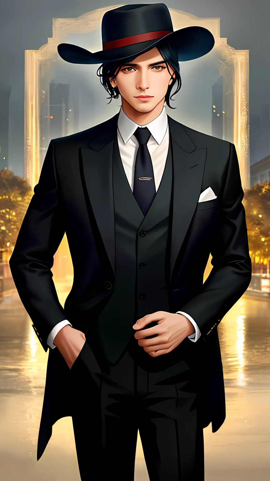 A well-dressed gentleman with a suit and hat, exuding an aura of mystery and elegance, standing confidently in front of a dark and atmospheric backdrop, reminiscent of the iconic style of the Peaky Blinders, Eye-Level Shot: Sony Alpha a7 III camera with a Sony FE 24-105mm f/4 G OSS lens, Natural Light