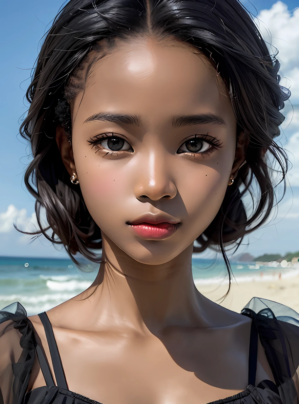 Photorealistic Beautiful black girl，African girl，Thin，Dark  skin，is wearing  dress，on  the  beach，Strong gaze，Close-up portrait surrealism
